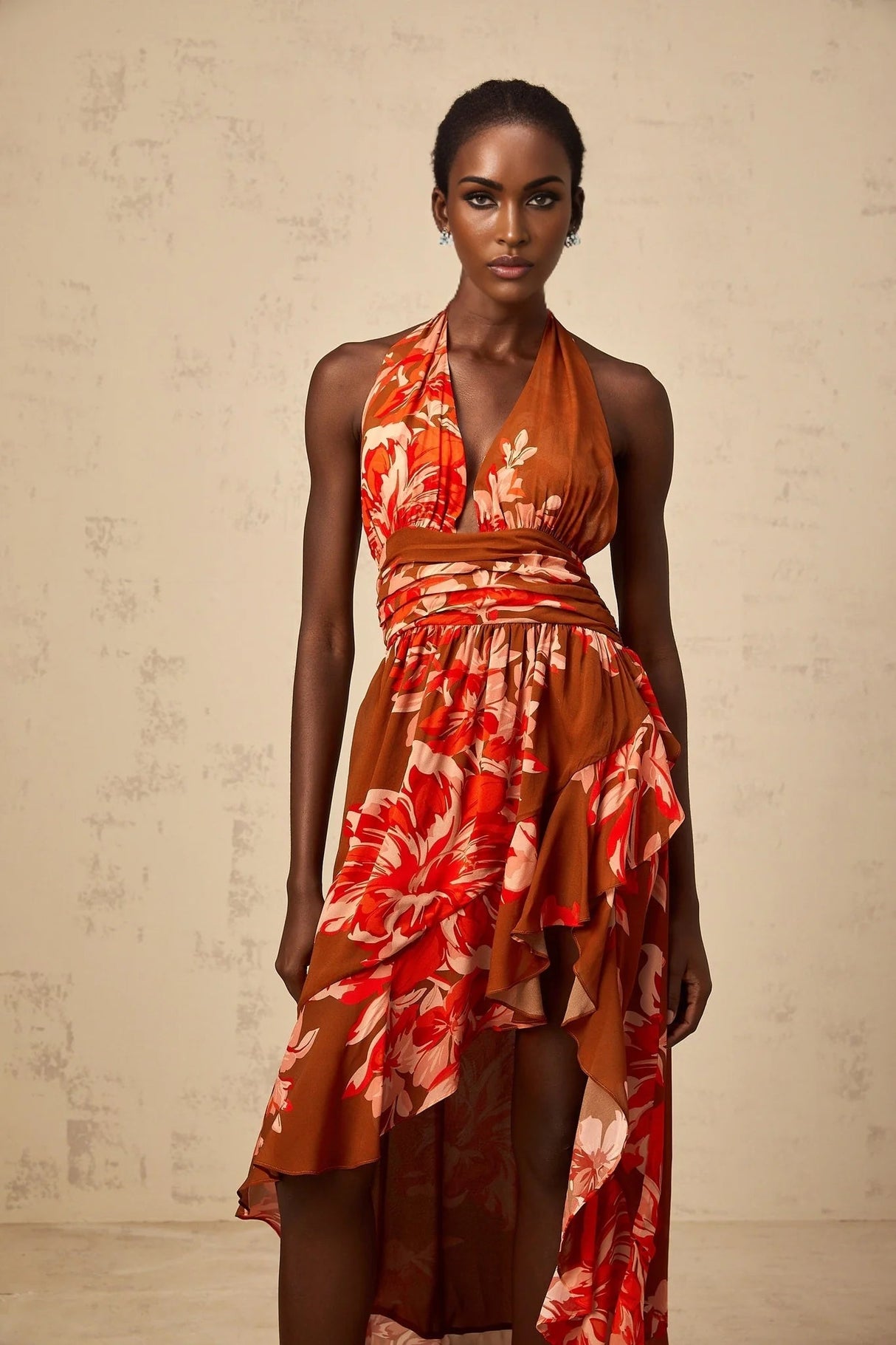 Filippa Maxi Dress Brown Floral Asymmetrical Cinched Waist Open Back