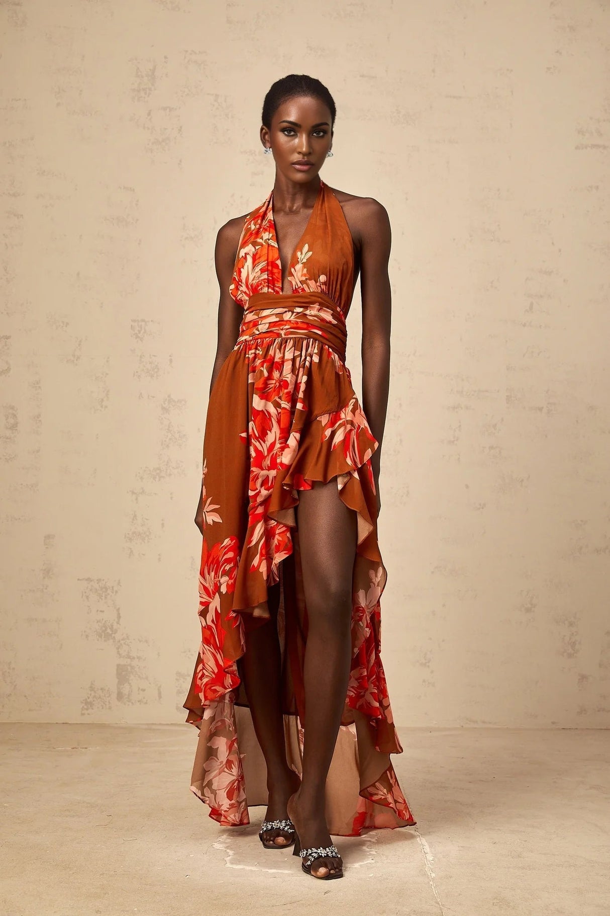 Filippa Maxi Dress Brown Floral Asymmetrical Cinched Waist Open Back