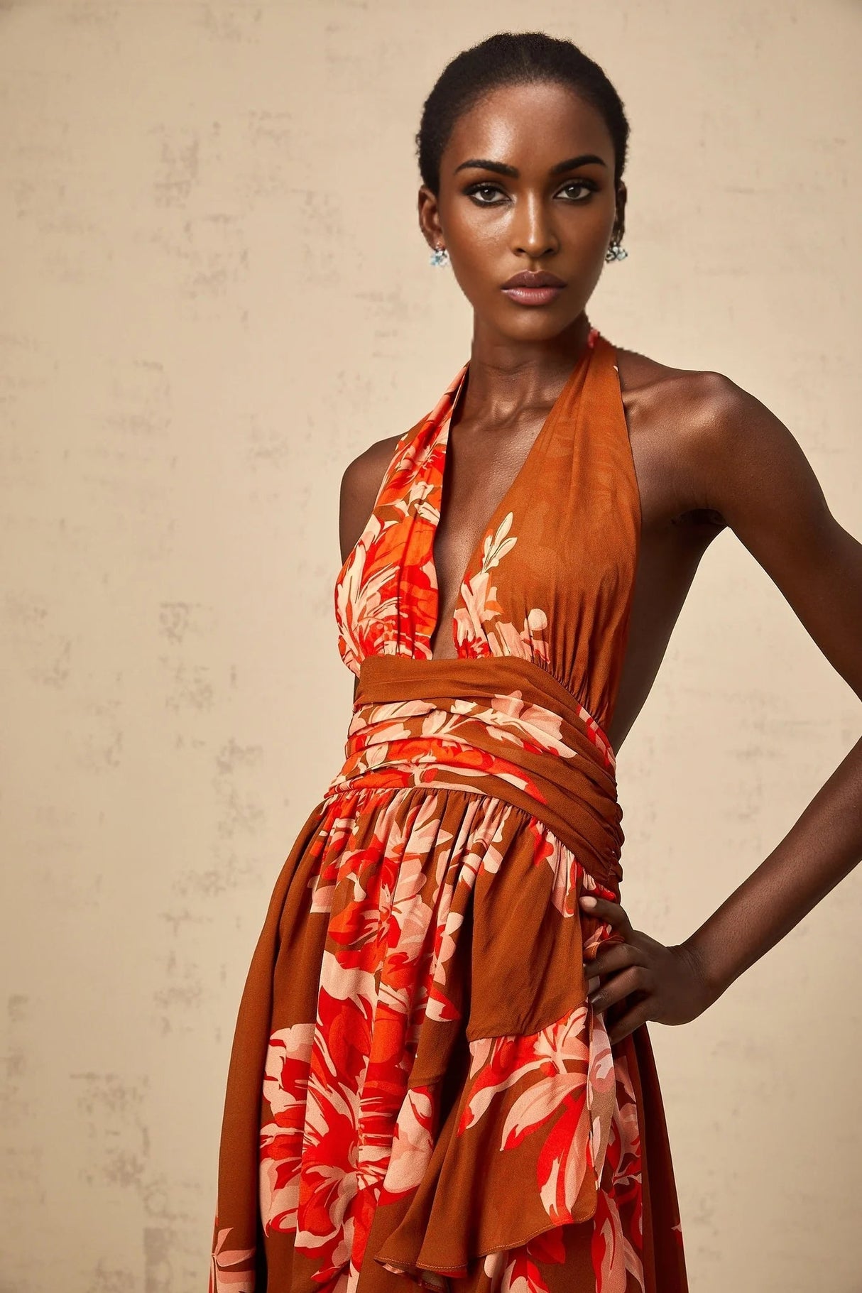 Filippa Maxi Dress Brown Floral Asymmetrical Cinched Waist Open Back