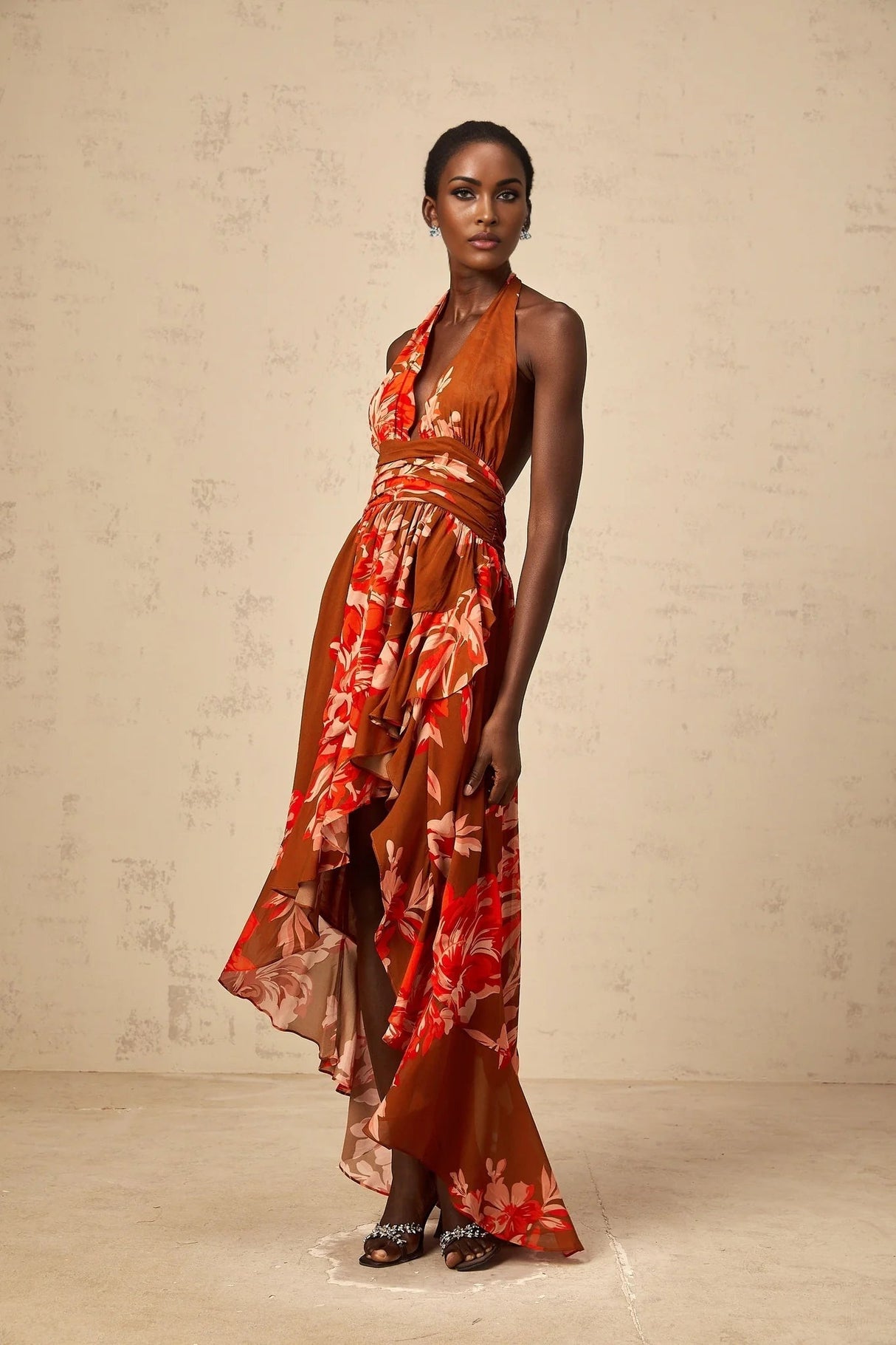 Filippa Maxi Dress Brown Floral Asymmetrical Cinched Waist Open Back