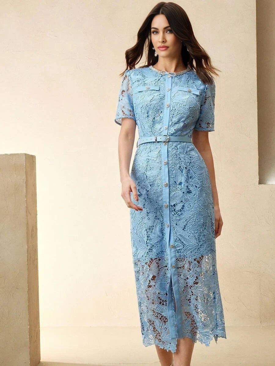 Filippa Midi Dress - Round Neck - Wedding - Regular Sleeve - High Waist - Elegant