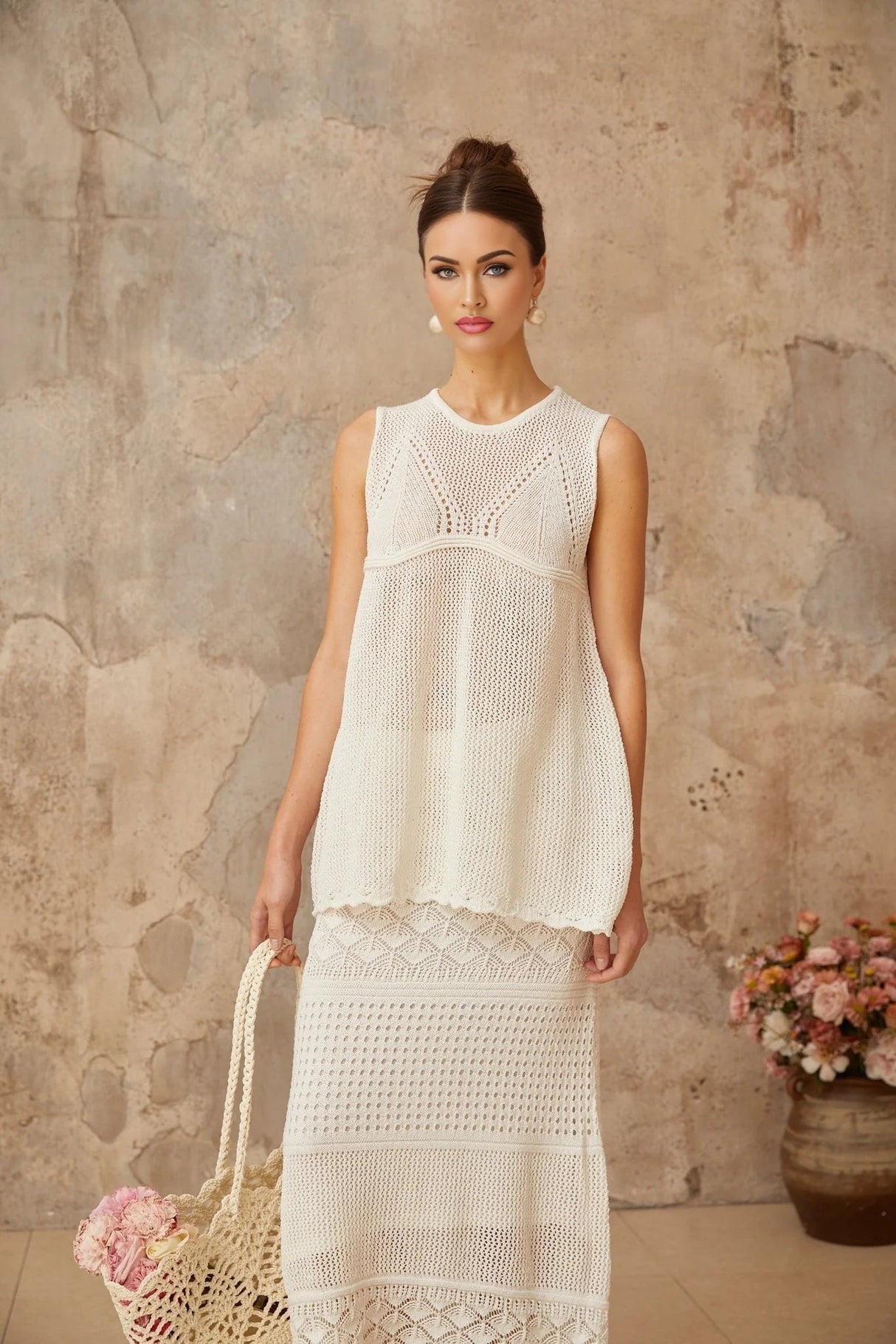 Filippa Top & Skirt Set White Crochet Cut - Out Ankle - Length