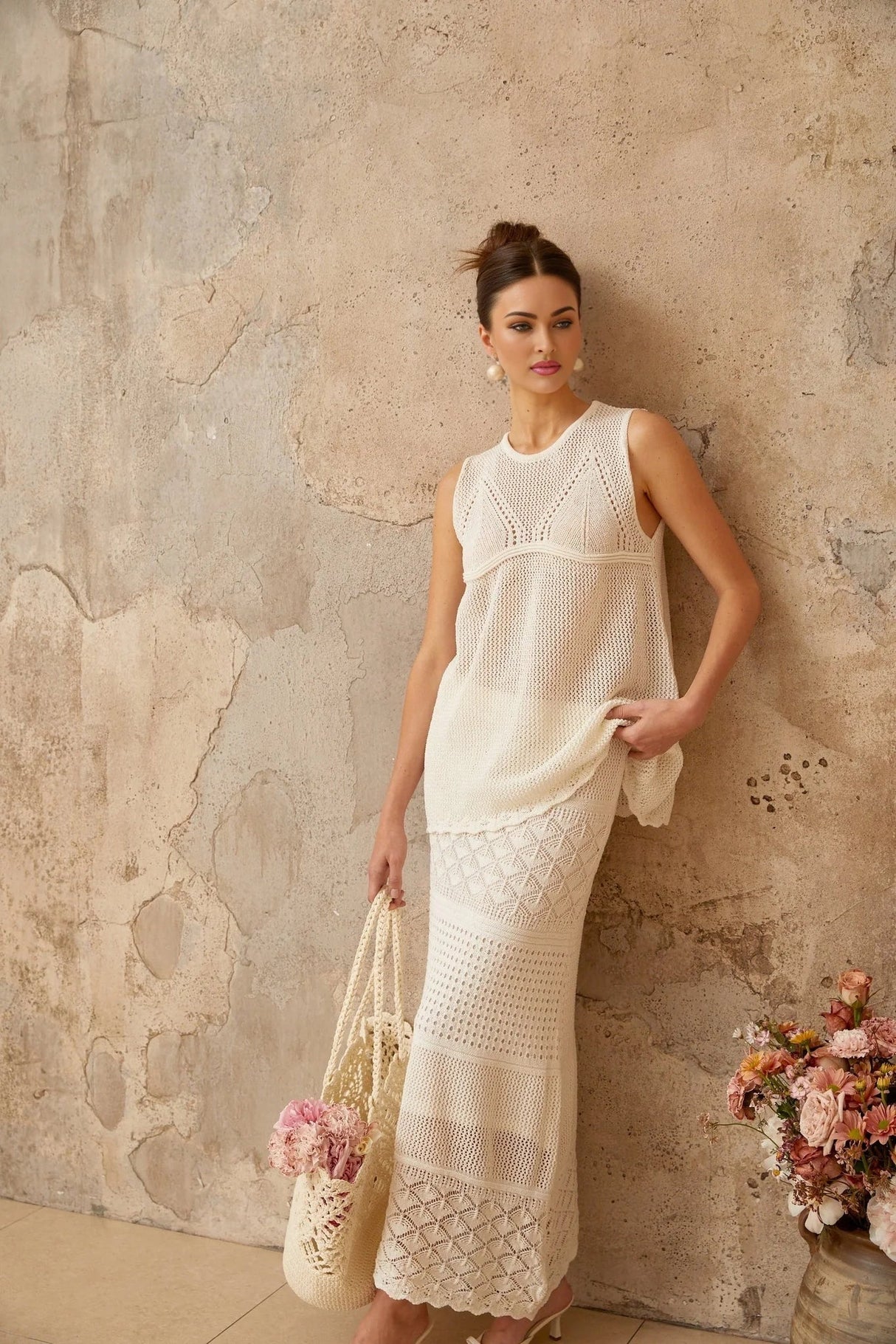 Filippa Top & Skirt Set White Crochet Cut - Out Ankle - Length