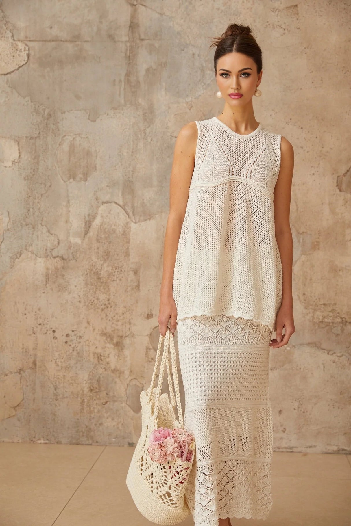 Filippa Top & Skirt Set White Crochet Cut - Out Ankle - Length