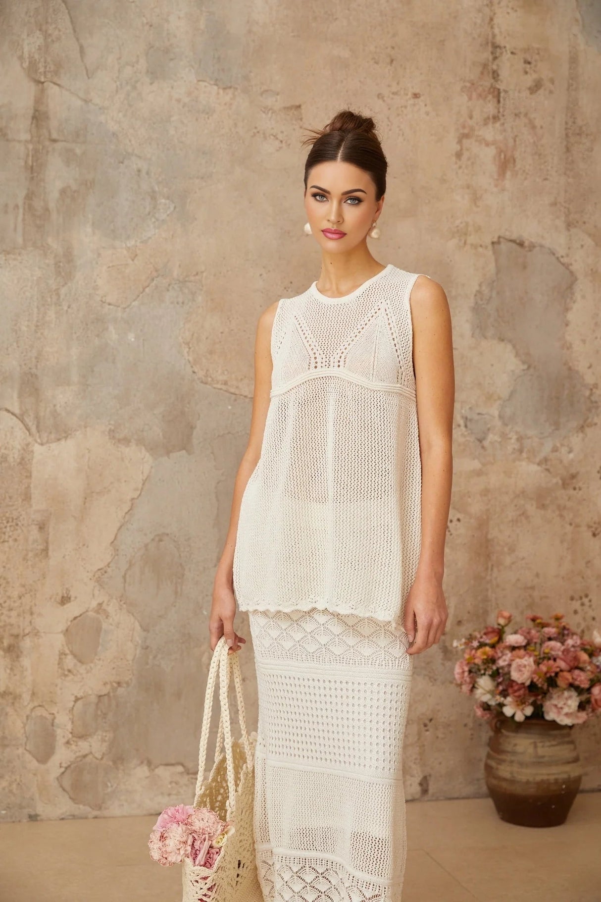 Filippa Top & Skirt Set White Crochet Cut - Out Ankle - Length