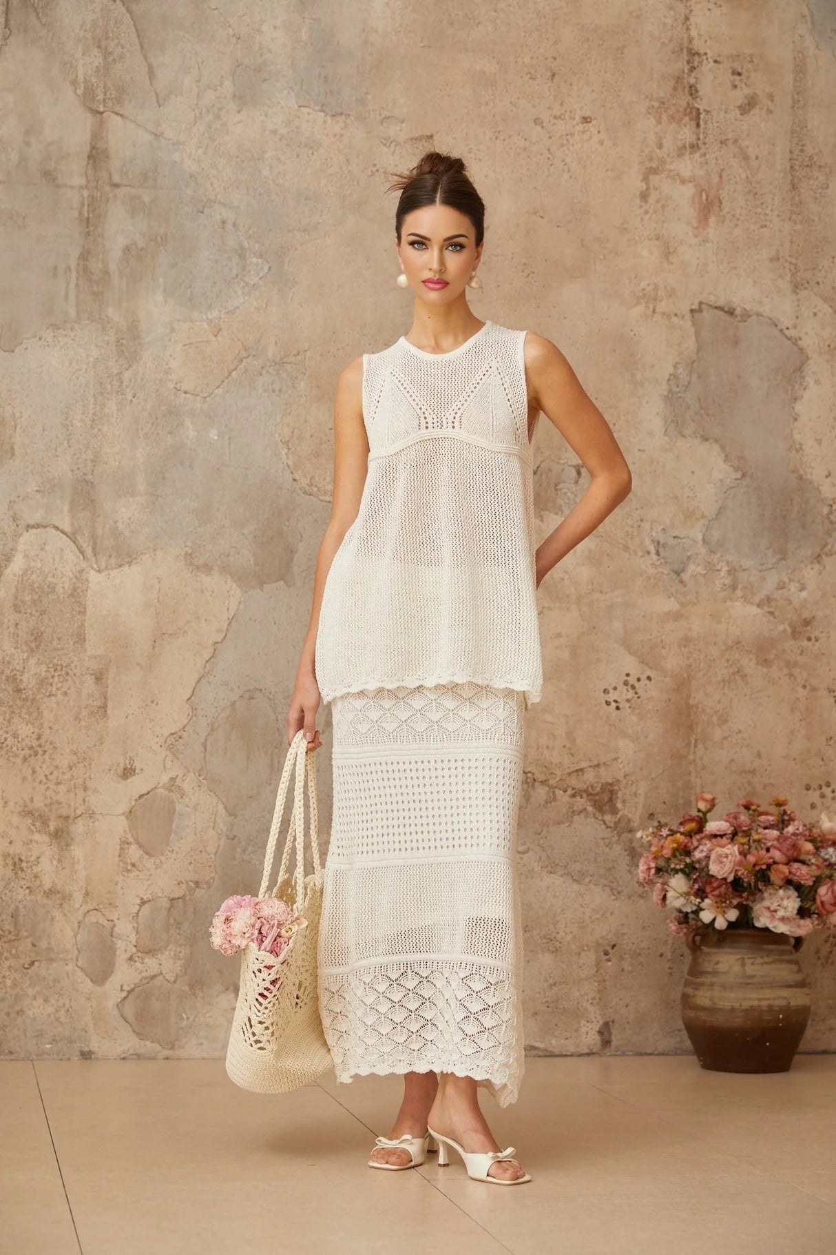 Filippa Top & Skirt Set White Crochet Cut - Out Ankle - Length