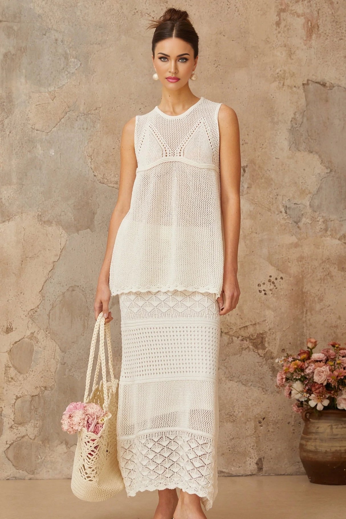 Filippa Top & Skirt Set White Crochet Cut - Out Ankle - Length