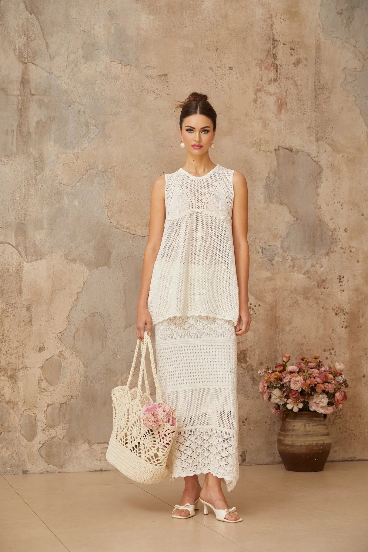 Filippa Top & Skirt Set White Crochet Cut - Out Ankle - Length