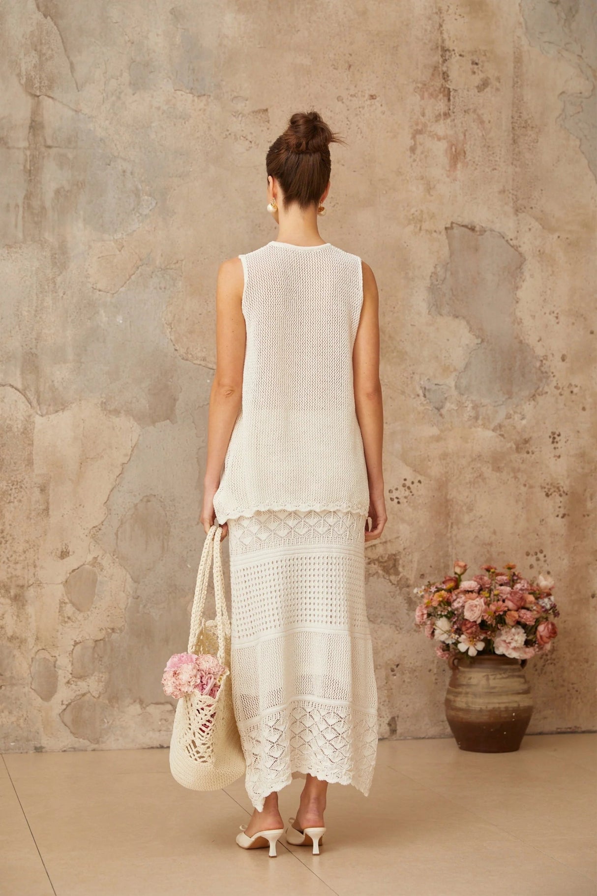 Filippa Top & Skirt Set White Crochet Cut - Out Ankle - Length