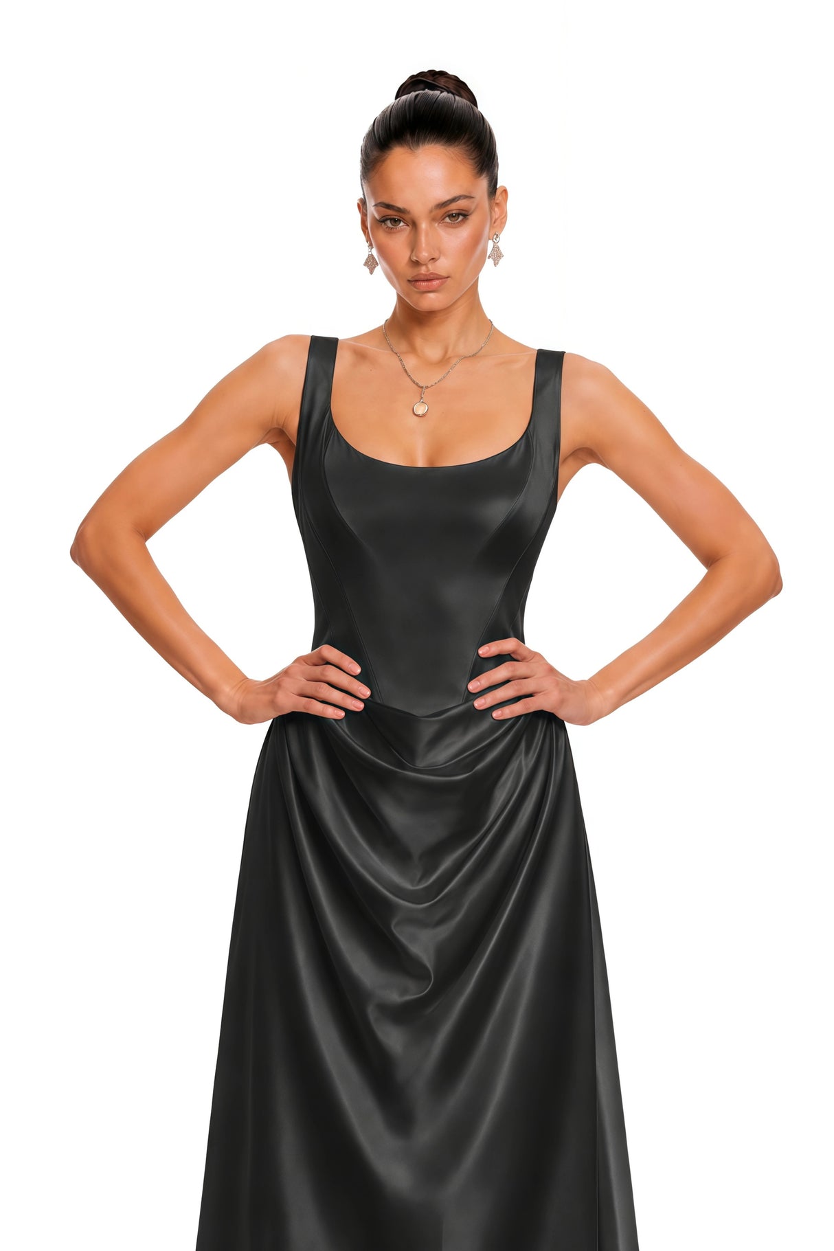 Fiona Black Satin Square Neck Maxi Dress