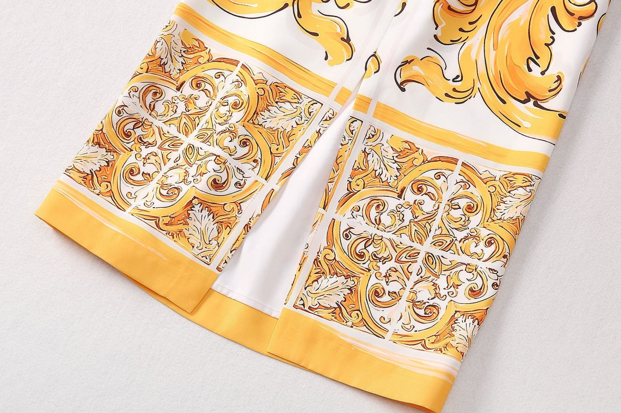 Fiona Dress - Halter Neck Silhouette - Baroque Pattern Design - Tailored Fit - Wrap Around Neckline