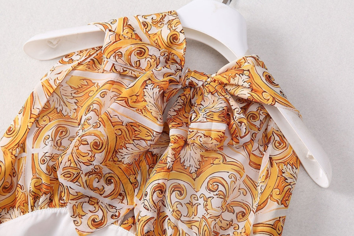 Fiona Dress - Halter Neck Silhouette - Baroque Pattern Design - Tailored Fit - Wrap Around Neckline