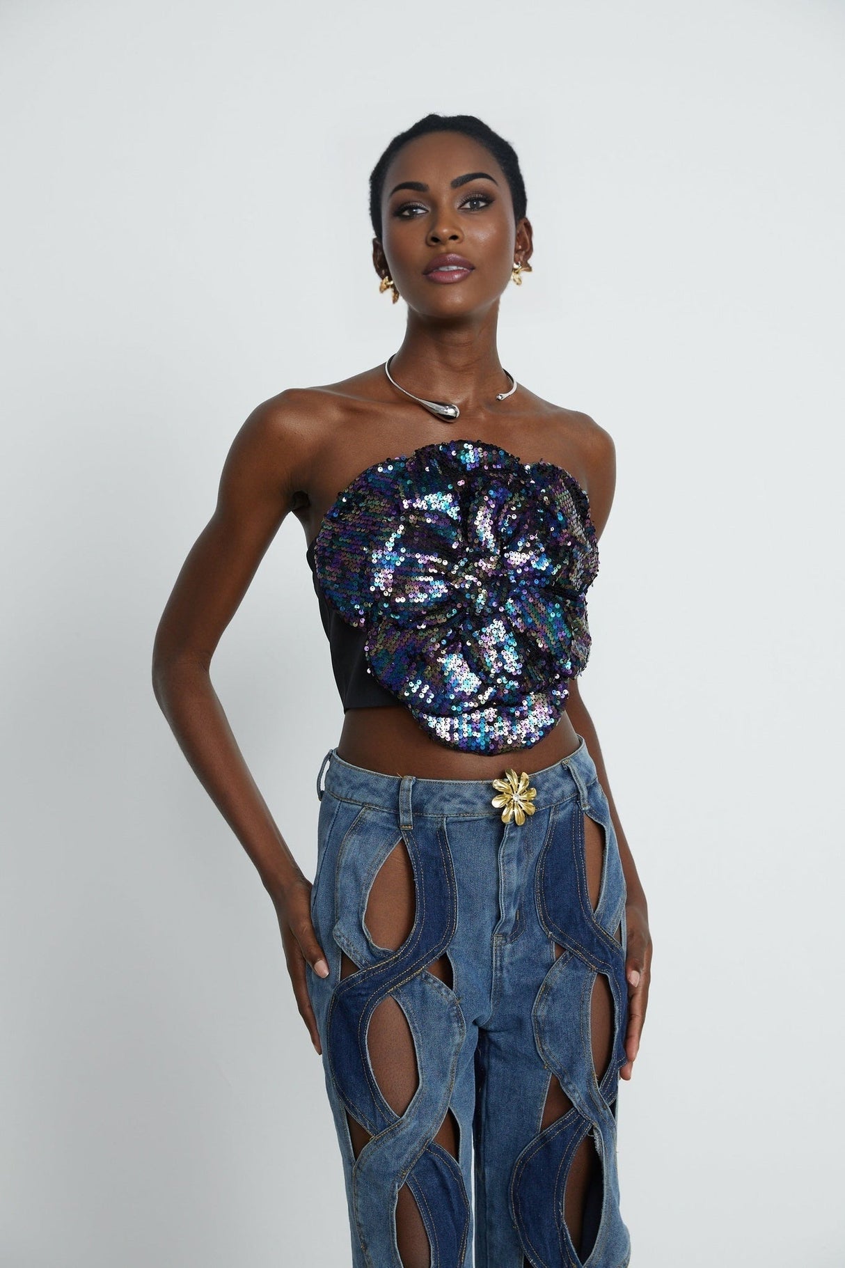 Fiona Floral Top - Off - the - Shoulder Design - Sequin Embellishments - Faux - Flower Detailing - Cropped Length