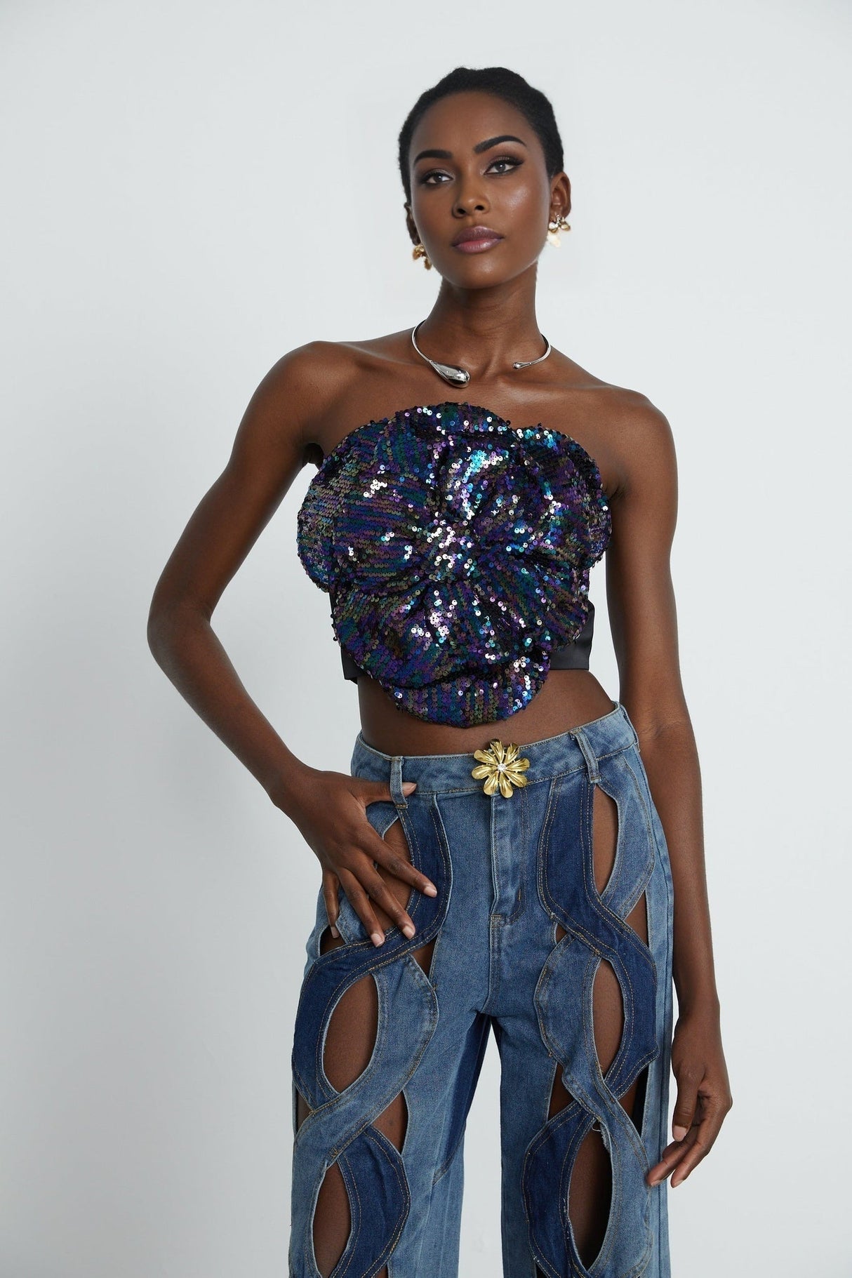 Fiona Floral Top - Off - the - Shoulder Design - Sequin Embellishments - Faux - Flower Detailing - Cropped Length