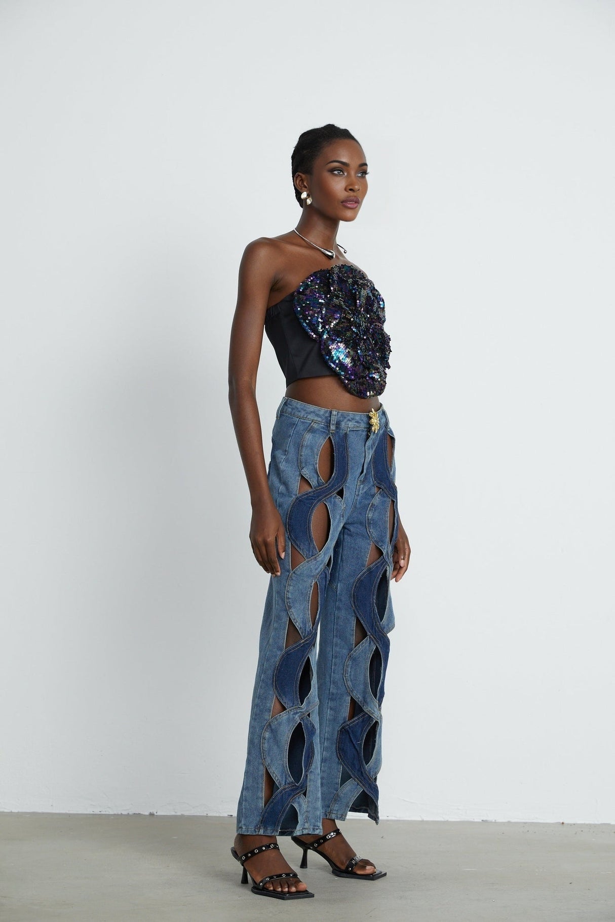 Fiona Floral Top - Off - the - Shoulder Design - Sequin Embellishments - Faux - Flower Detailing - Cropped Length