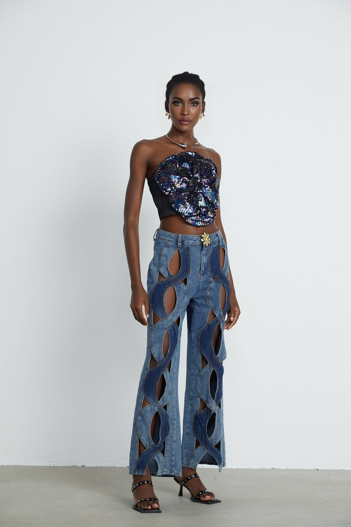 Fiona Floral Top - Off - the - Shoulder Design - Sequin Embellishments - Faux - Flower Detailing - Cropped Length