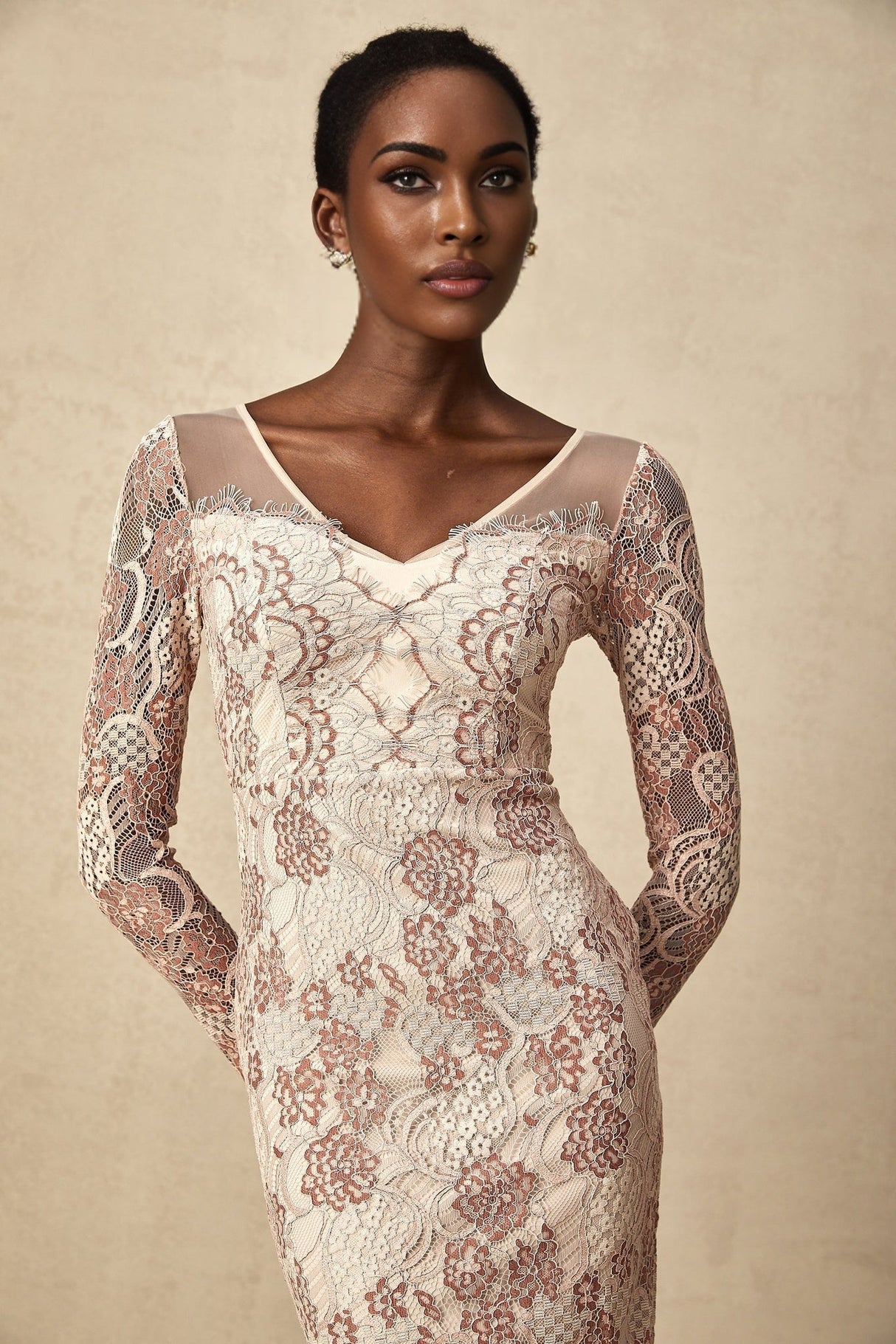 Fiona Midi Dress - V - Neck - Long Sleeve - High Slit - Guipure Lace Detailing
