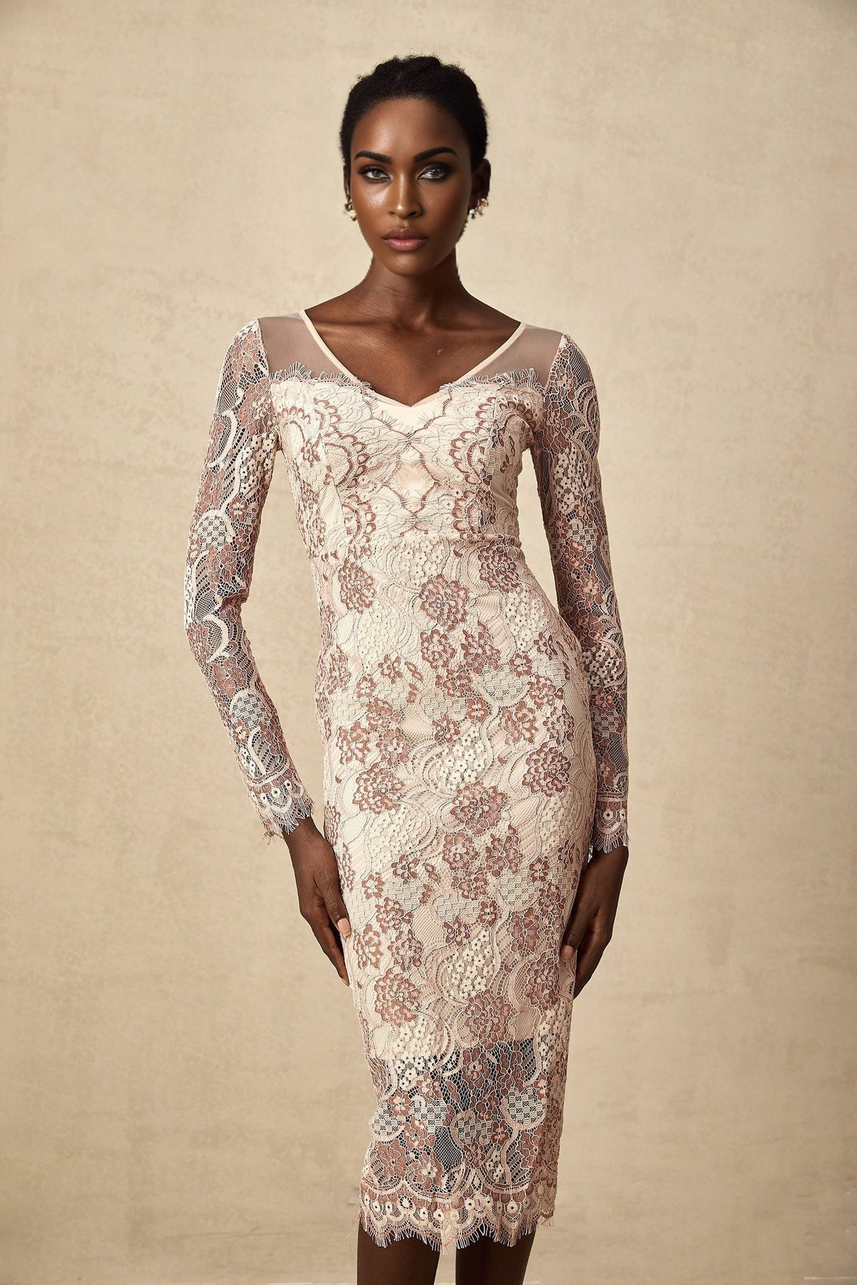 Fiona Midi Dress - V - Neck - Long Sleeve - High Slit - Guipure Lace Detailing