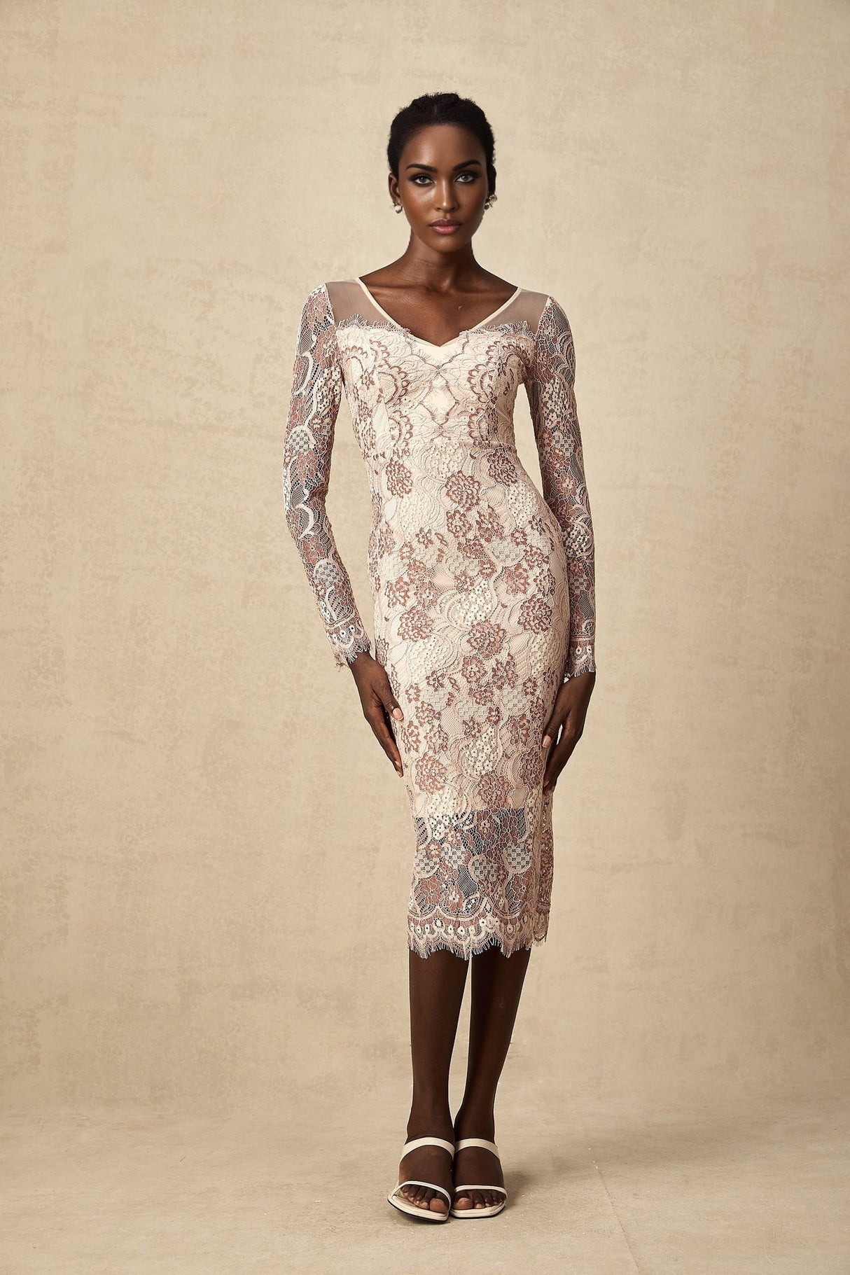 Fiona Midi Dress - V - Neck - Long Sleeve - High Slit - Guipure Lace Detailing