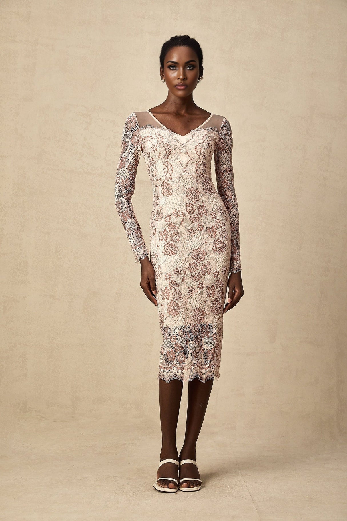 Fiona Midi Dress - V - Neck - Long Sleeve - High Slit - Guipure Lace Detailing