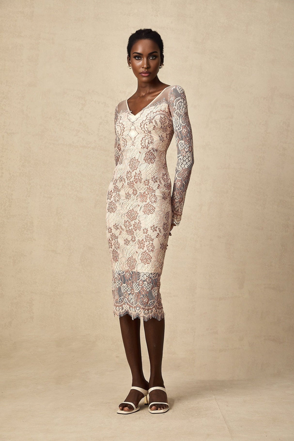 Fiona Midi Dress - V - Neck - Long Sleeve - High Slit - Guipure Lace Detailing