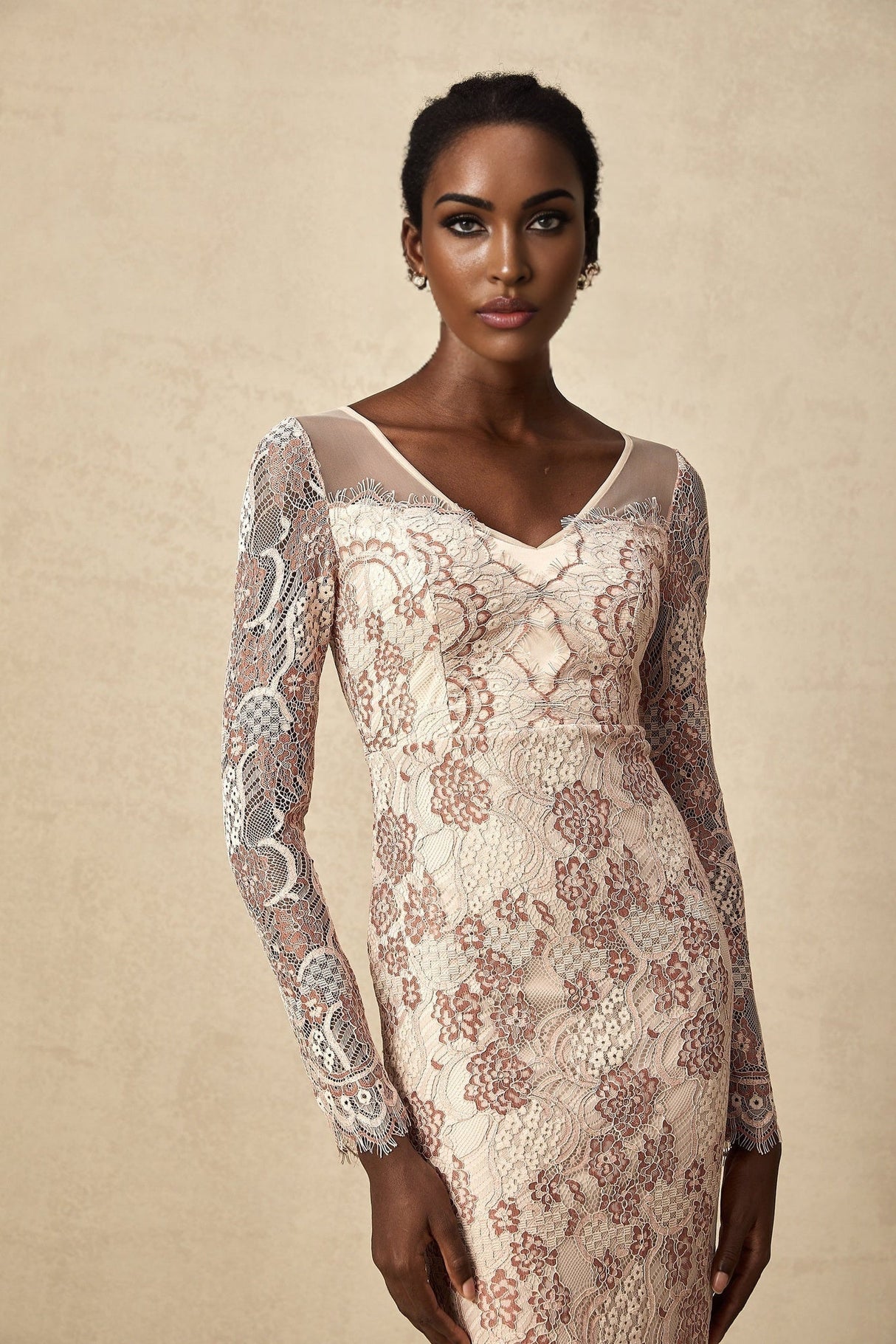 Fiona Midi Dress - V - Neck - Long Sleeve - High Slit - Guipure Lace Detailing