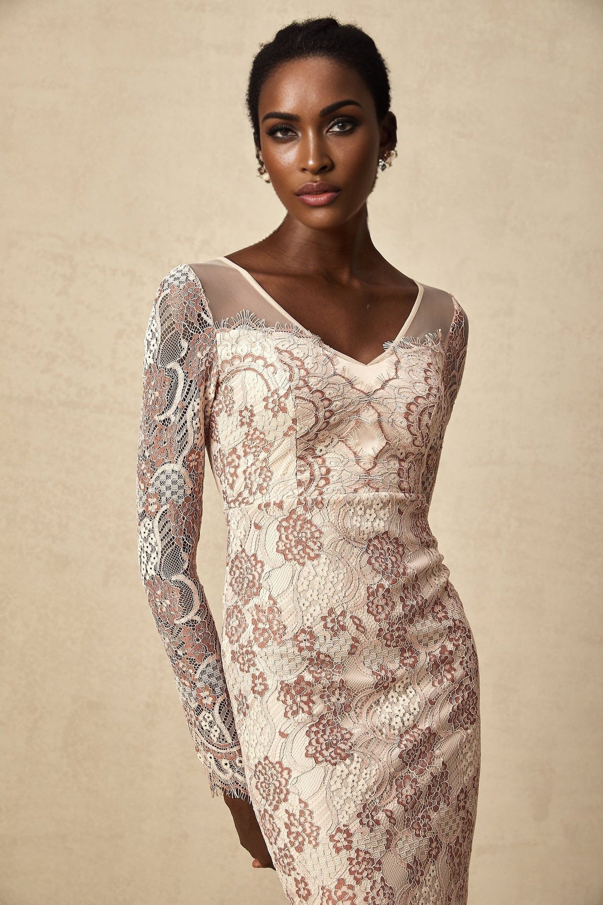 Fiona Midi Dress - V - Neck - Long Sleeve - High Slit - Guipure Lace Detailing
