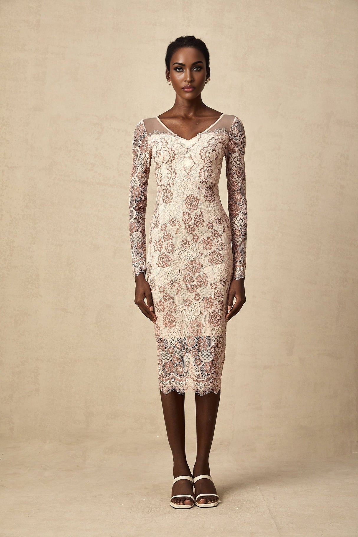 Fiona Midi Dress - V - Neck - Long Sleeve - High Slit - Guipure Lace Detailing