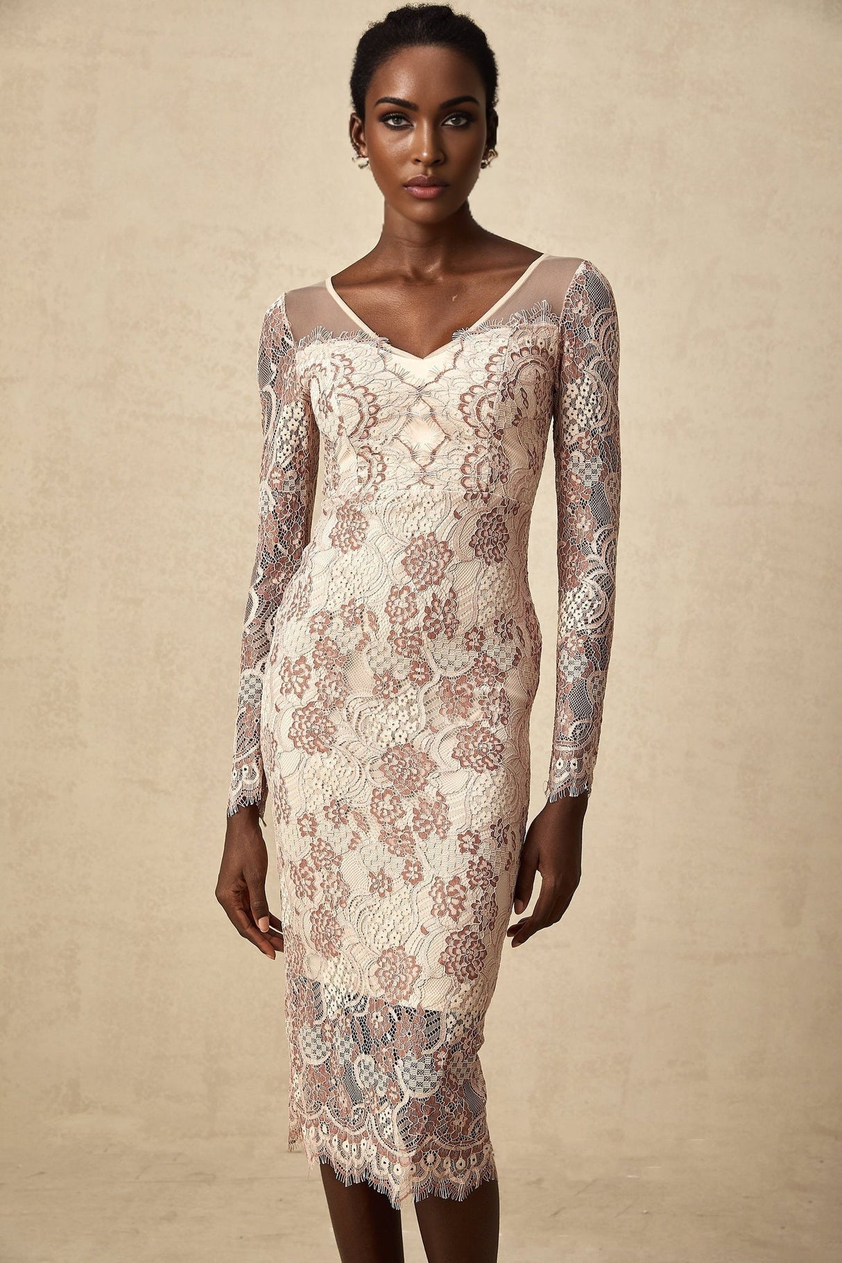 Fiona Midi Dress - V - Neck - Long Sleeve - High Slit - Guipure Lace Detailing