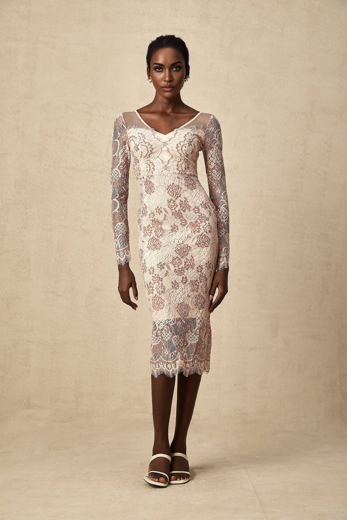 Fiona Midi Dress - V - Neck - Long Sleeve - High Slit - Guipure Lace Detailing