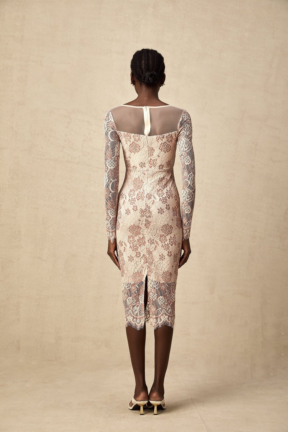 Fiona Midi Dress - V - Neck - Long Sleeve - High Slit - Guipure Lace Detailing