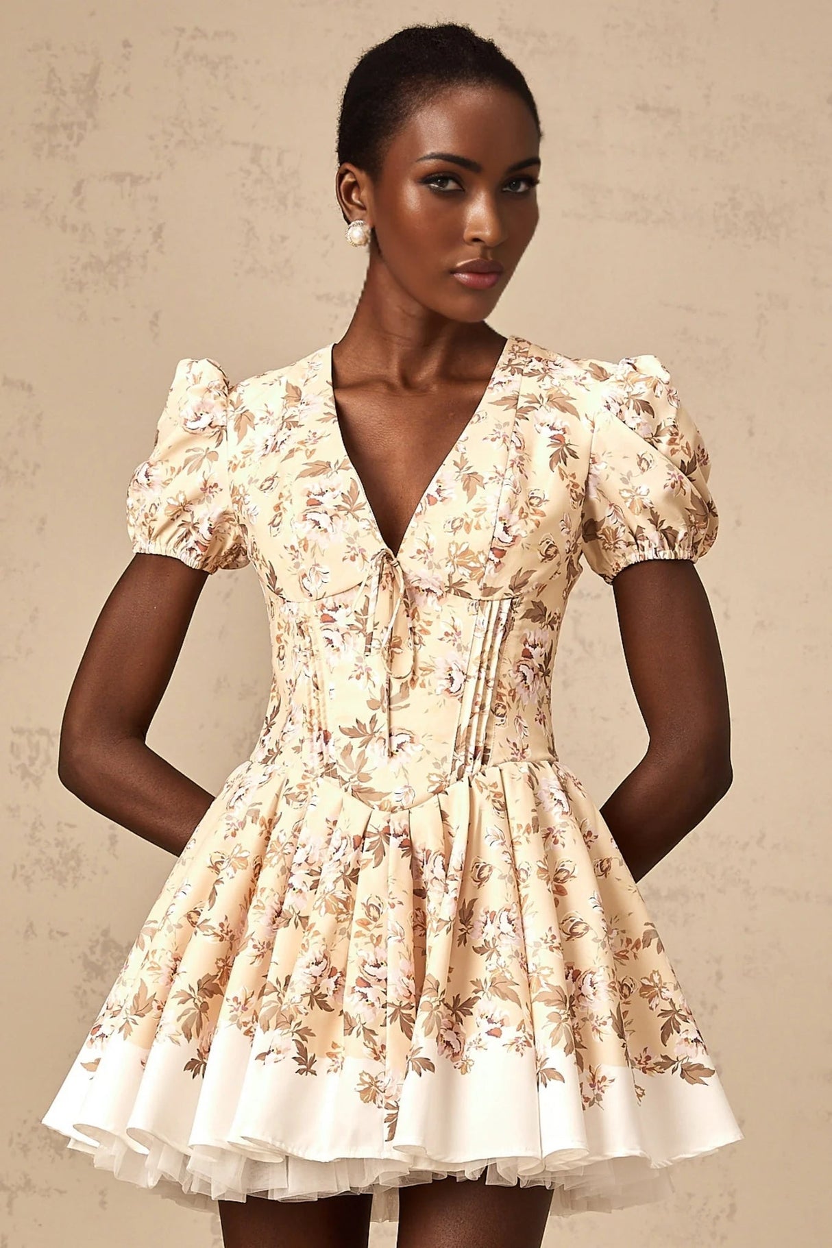 Fiona Mini Dress Yellow Floral Print Pleated