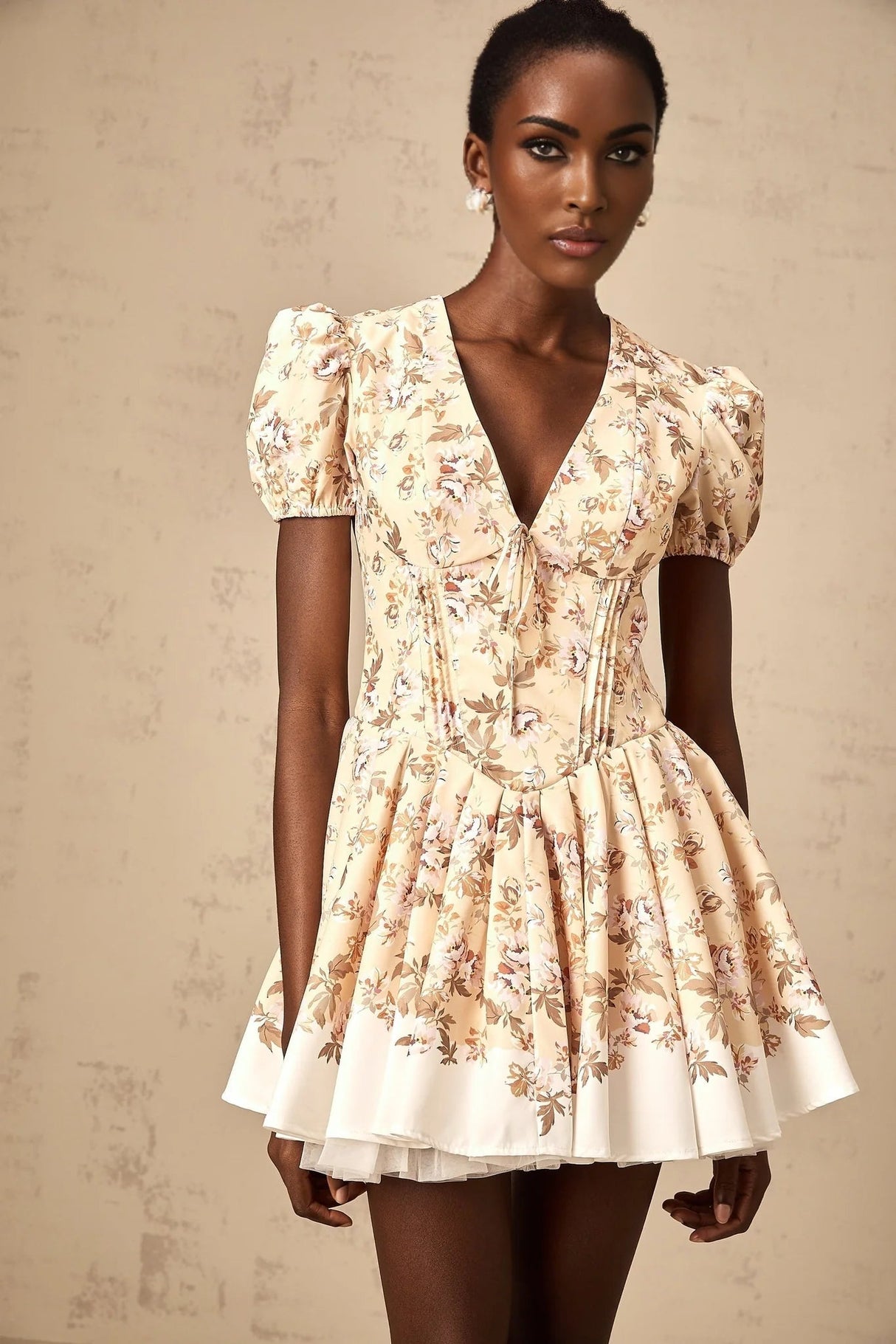 Fiona Mini Dress Yellow Floral Print Pleated