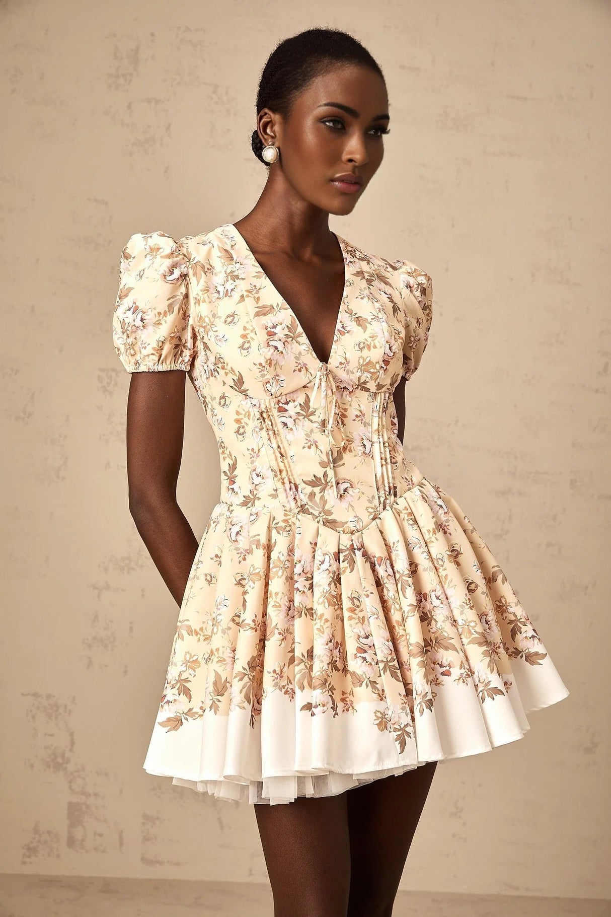 Fiona Mini Dress Yellow Floral Print Pleated