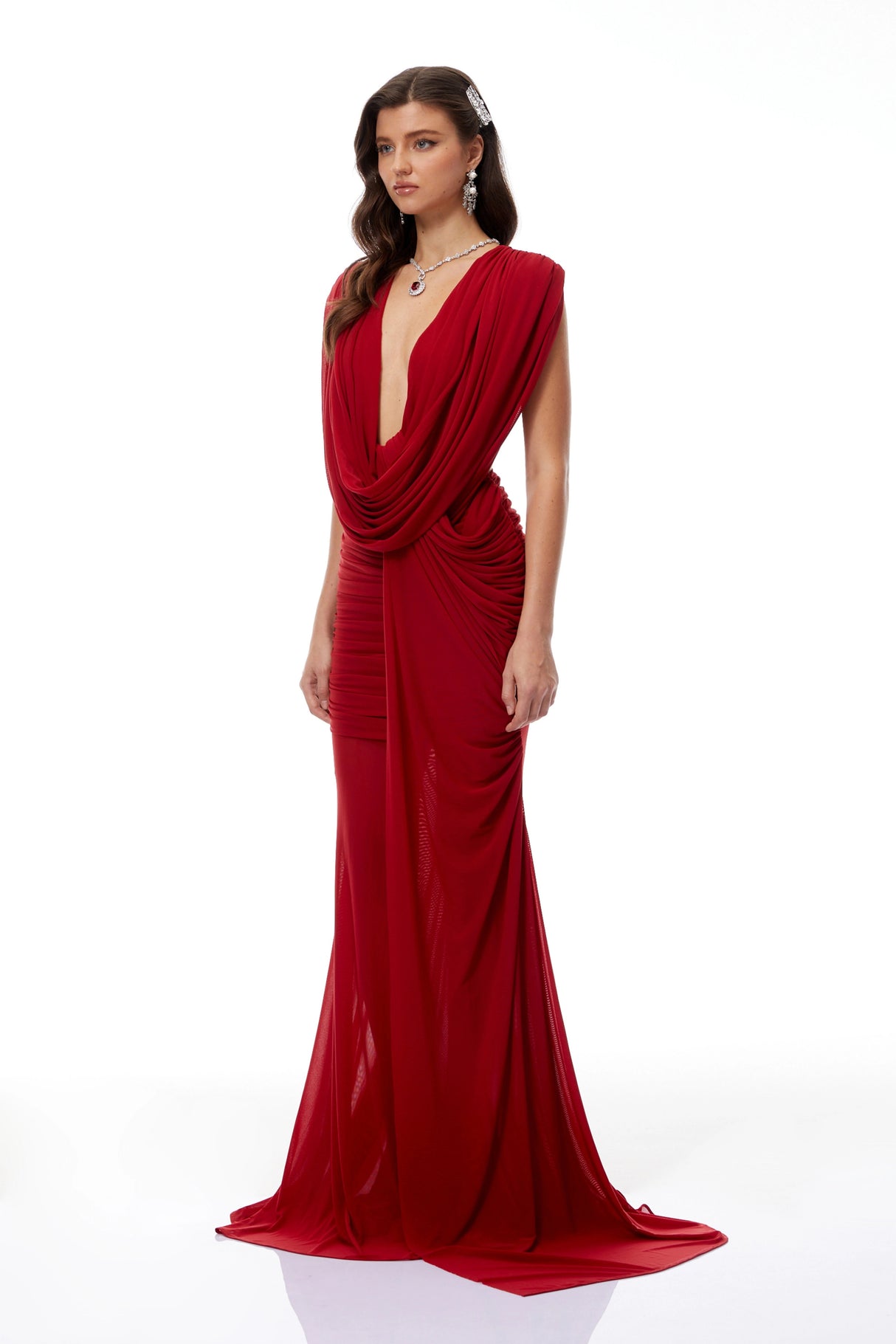 Fíona Red Asymmetrical Draped Maxi Gown