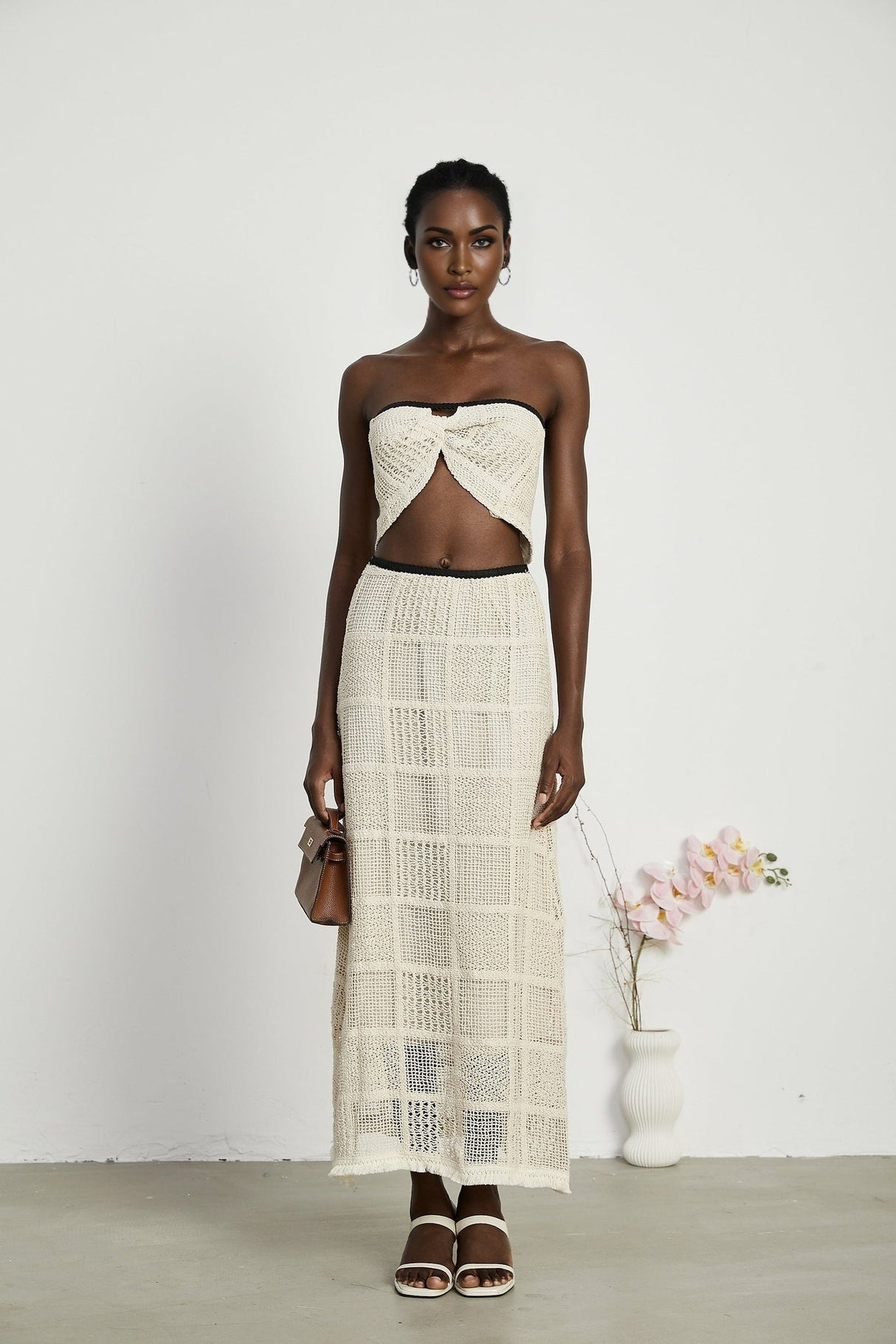 Fiona Top & Skirt Set - Off Shoulder - Stretch Knit - Cropped Top - Midi Length - Rear Tie - Side Zip