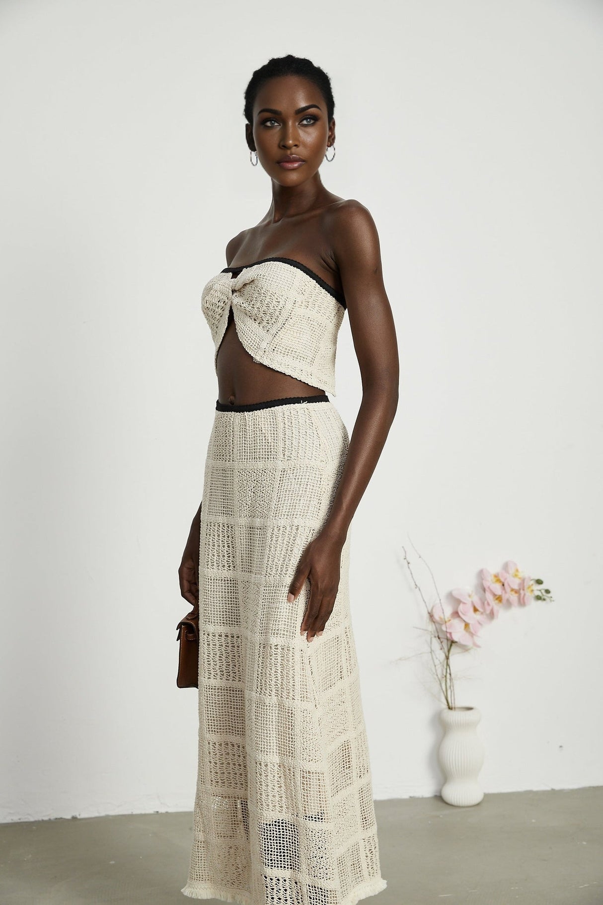 Fiona Top & Skirt Set - Off Shoulder - Stretch Knit - Cropped Top - Midi Length - Rear Tie - Side Zip