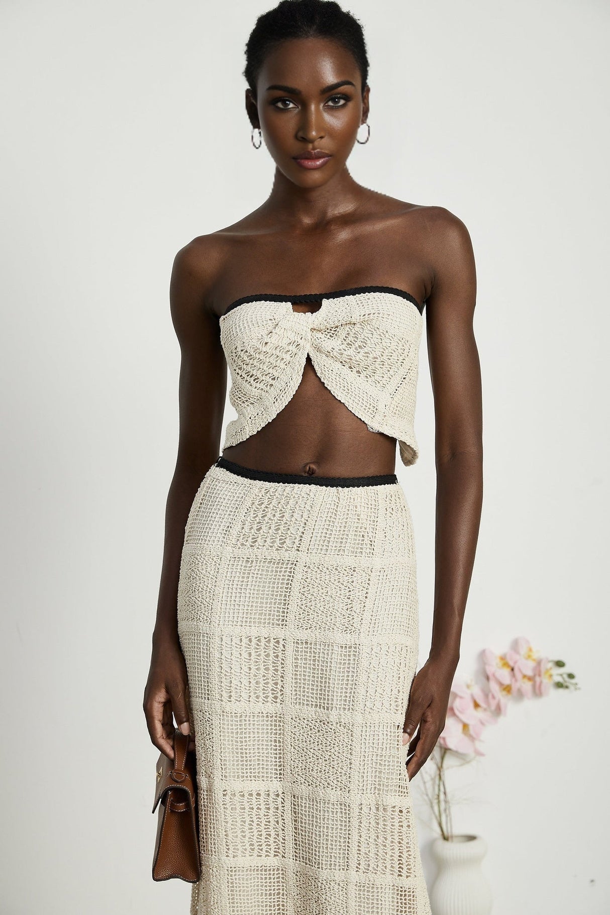 Fiona Top & Skirt Set - Off Shoulder - Stretch Knit - Cropped Top - Midi Length - Rear Tie - Side Zip