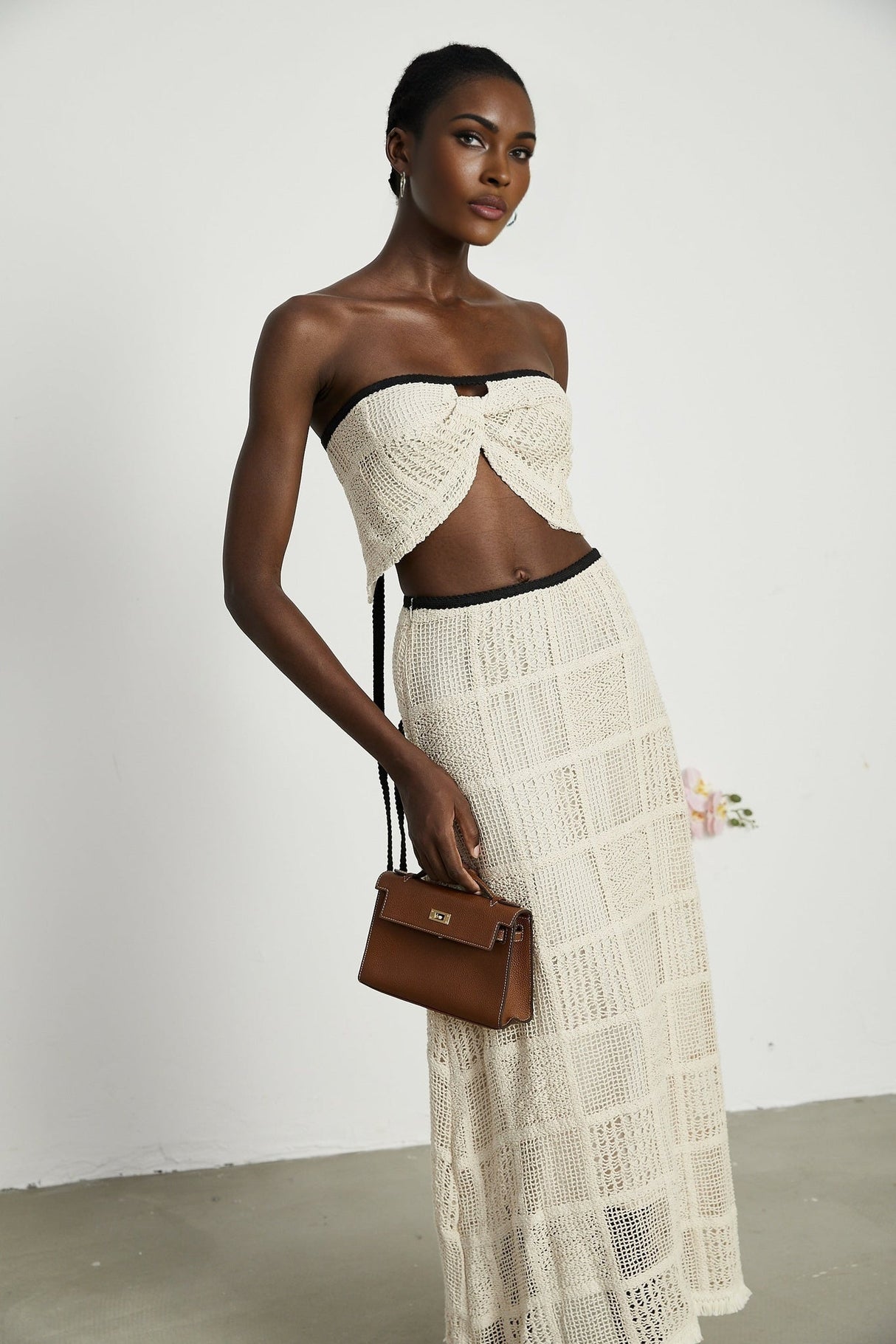 Fiona Top & Skirt Set - Off Shoulder - Stretch Knit - Cropped Top - Midi Length - Rear Tie - Side Zip