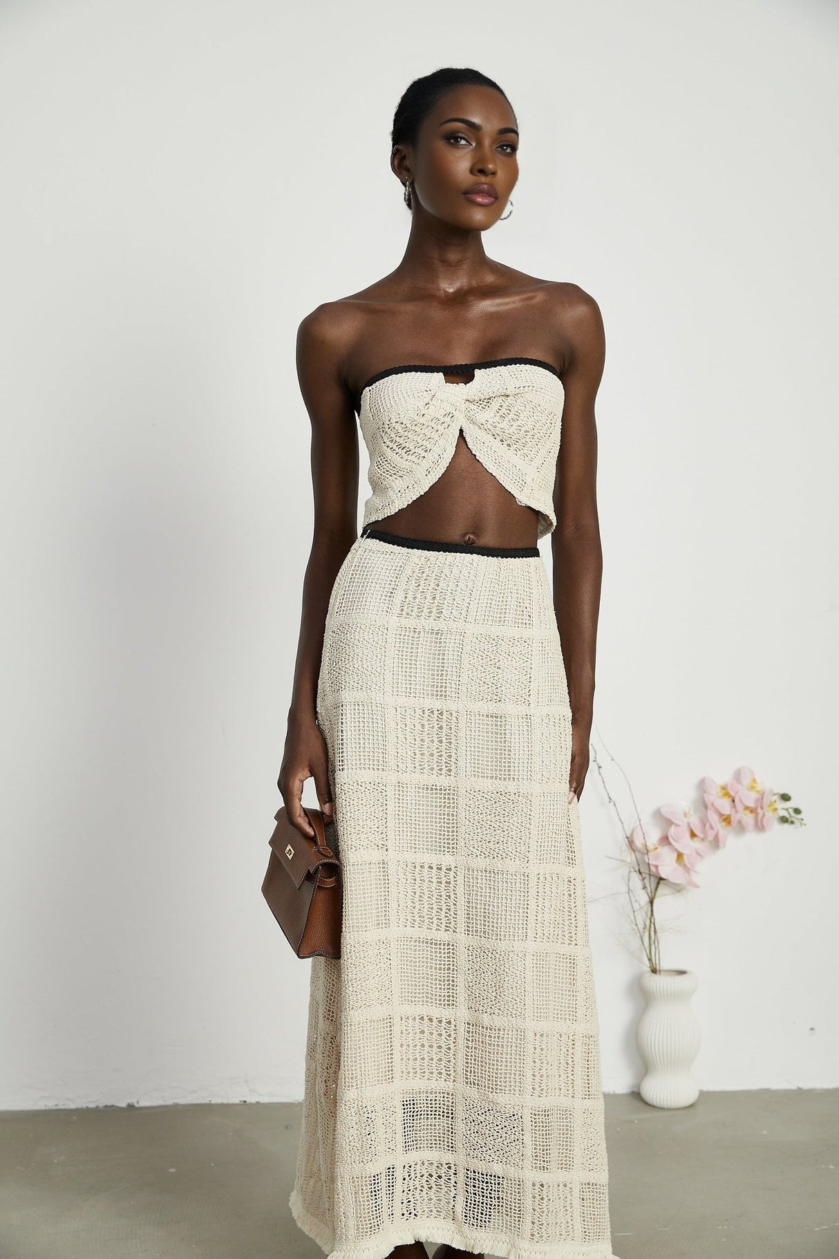 Fiona Top & Skirt Set - Off Shoulder - Stretch Knit - Cropped Top - Midi Length - Rear Tie - Side Zip