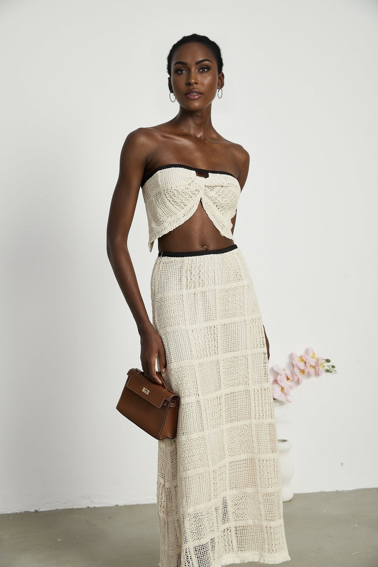 Fiona Top & Skirt Set - Off Shoulder - Stretch Knit - Cropped Top - Midi Length - Rear Tie - Side Zip