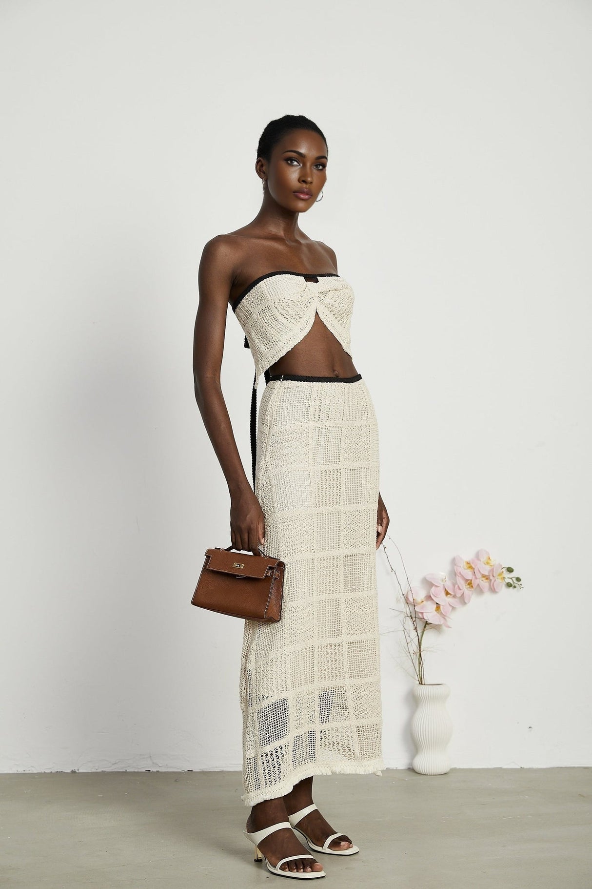 Fiona Top & Skirt Set - Off Shoulder - Stretch Knit - Cropped Top - Midi Length - Rear Tie - Side Zip