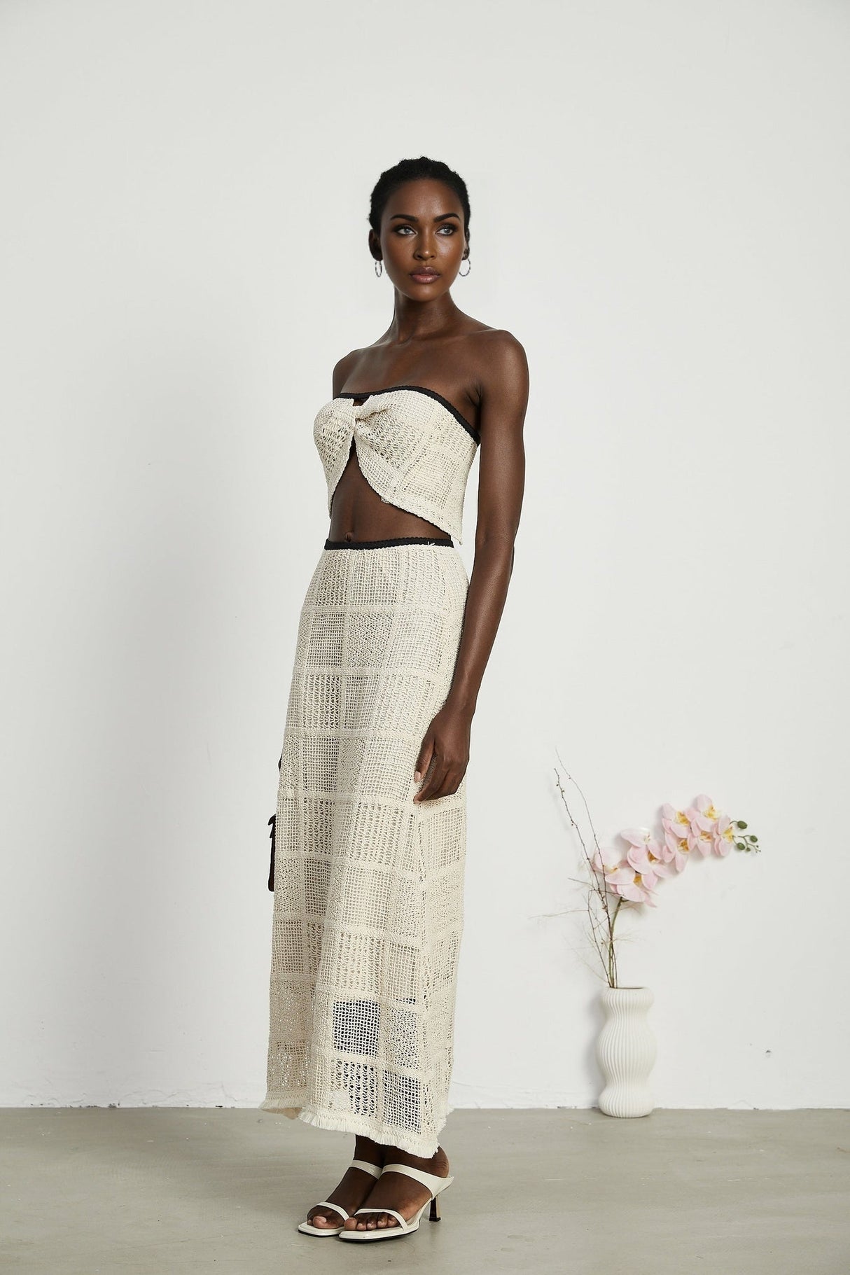 Fiona Top & Skirt Set - Off Shoulder - Stretch Knit - Cropped Top - Midi Length - Rear Tie - Side Zip