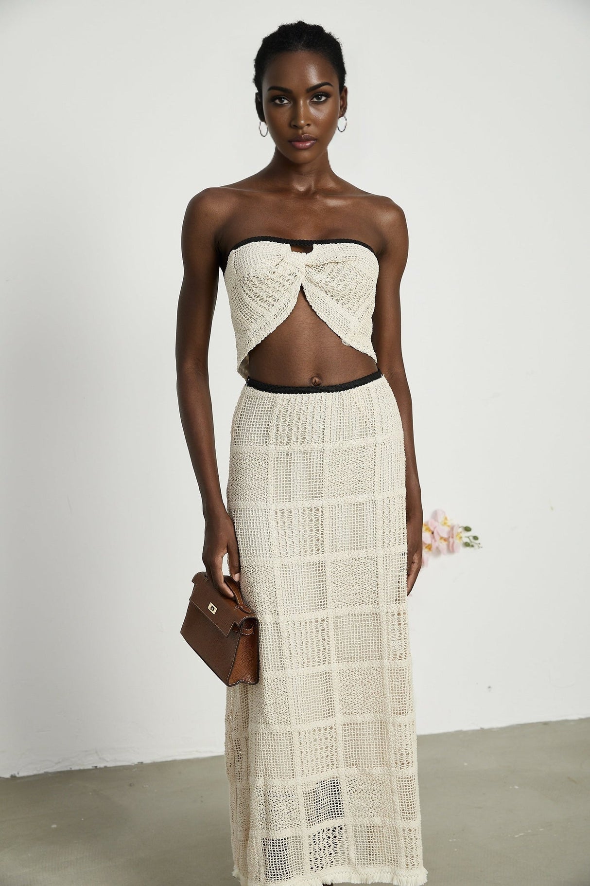 Fiona Top & Skirt Set - Off Shoulder - Stretch Knit - Cropped Top - Midi Length - Rear Tie - Side Zip