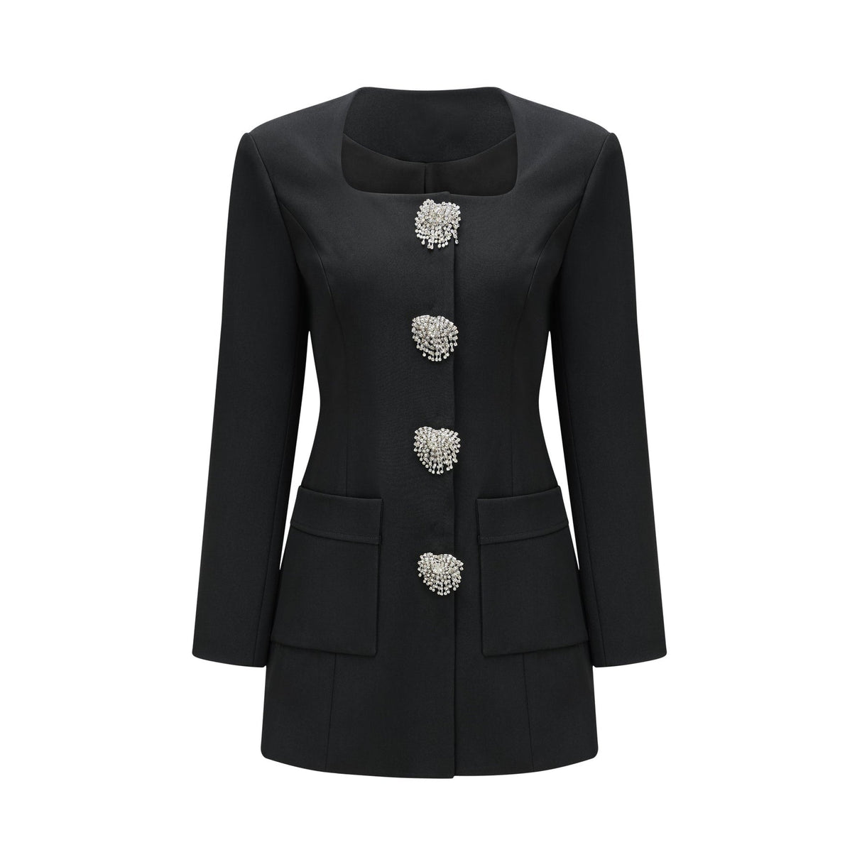 Fionnghuala Mini Dress - Button Detail Front - Long Sleeves - Square Neckline - Snap Button Closure