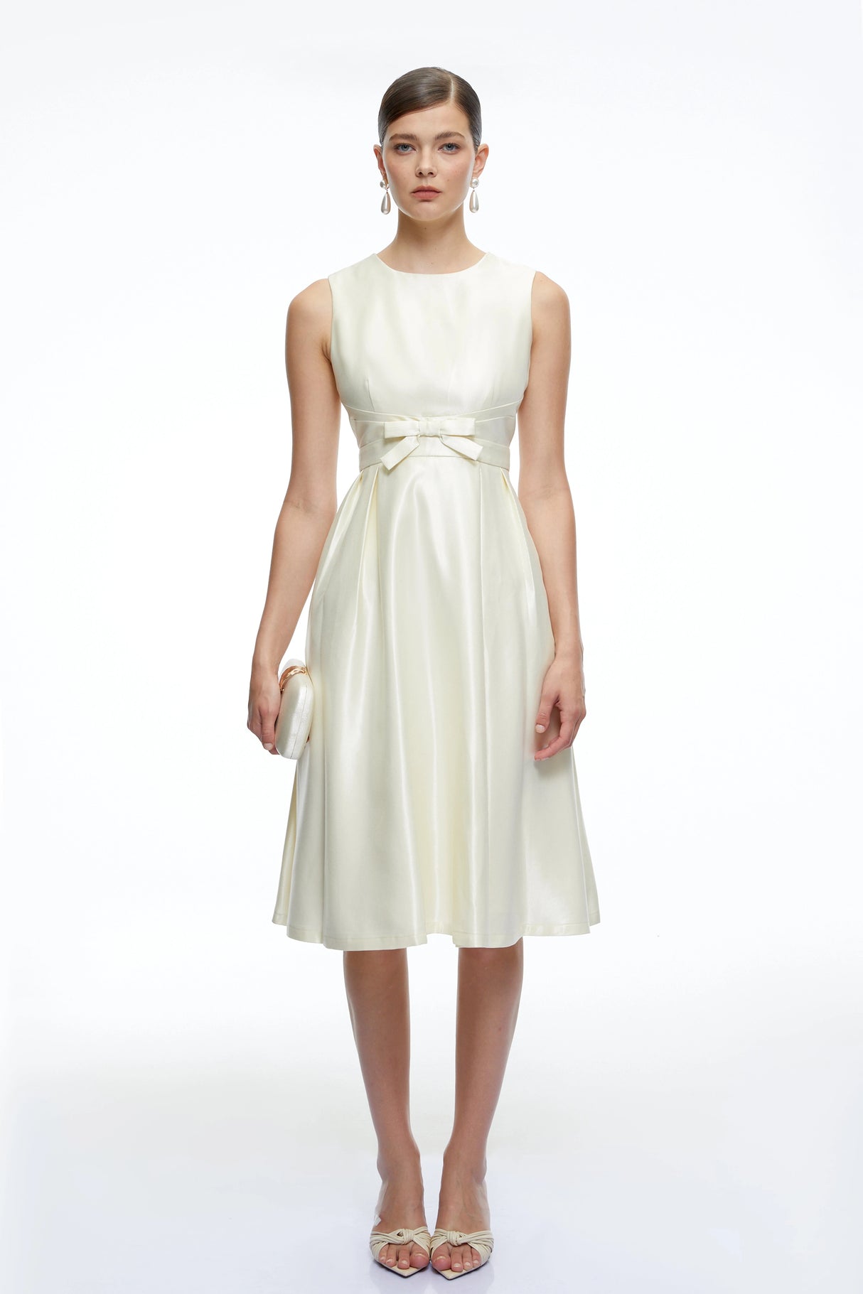 Fiora White Sleeveless ALine Midi Dress with Bow