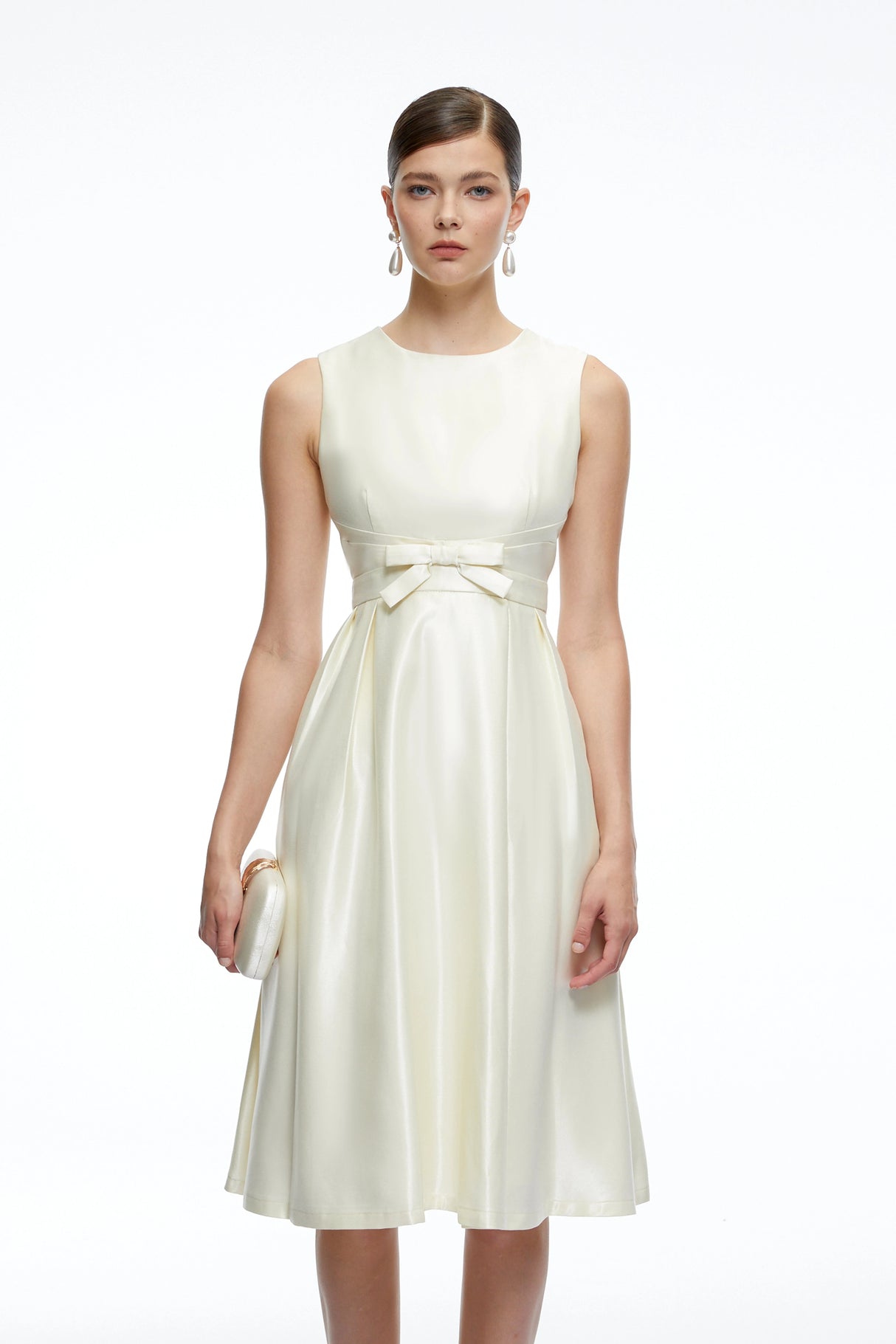 Fiora White Sleeveless ALine Midi Dress with Bow