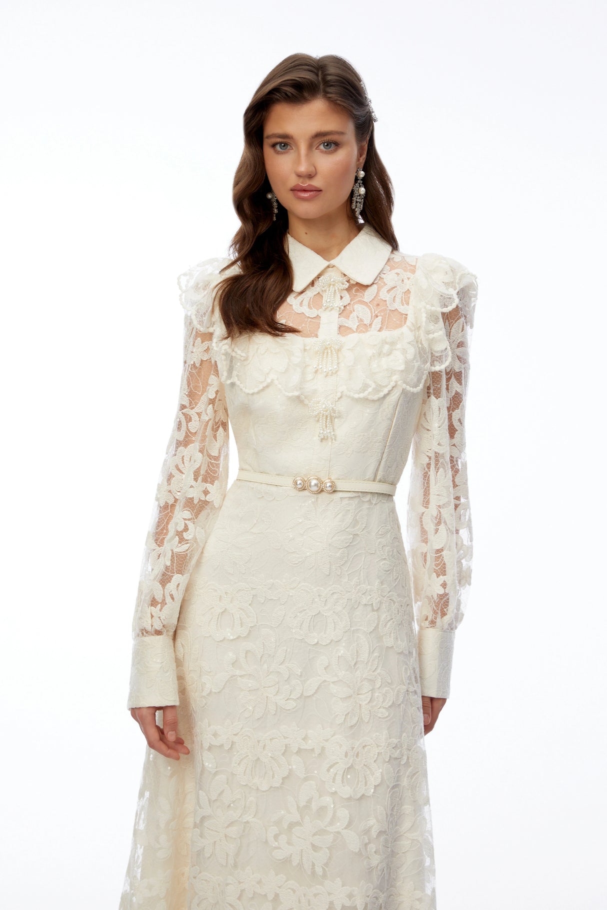 Fiord Ivory Collared Floral Lace Maxi Dress
