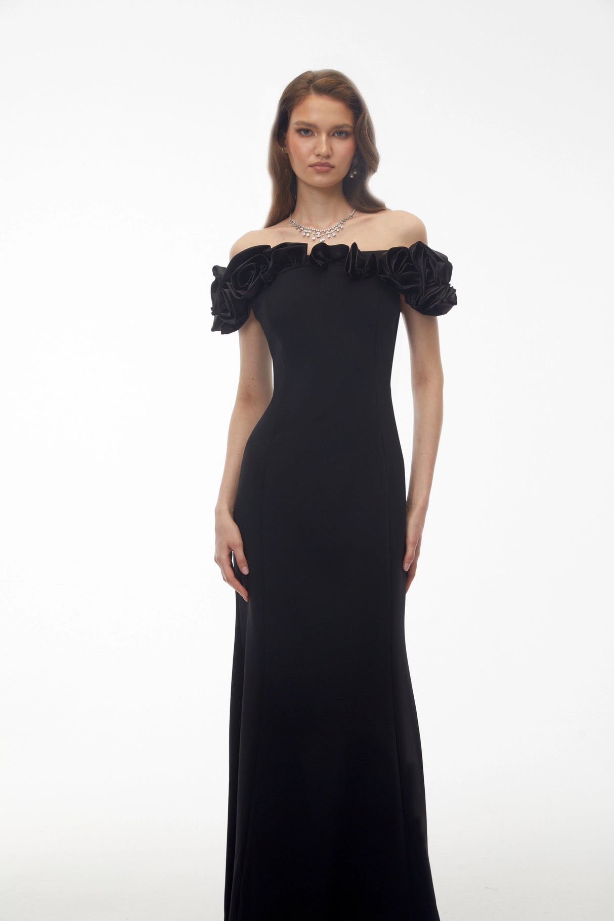 Fiorella Black Off Shoulder Maxi Dress with 3D Florals