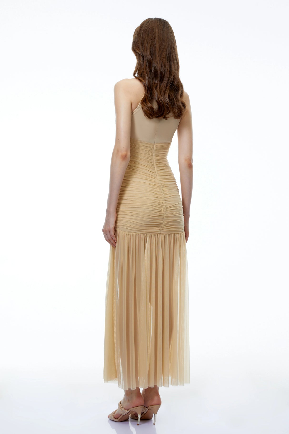 Fiorella Champagne Sweetheart Ruched Maxi Dress